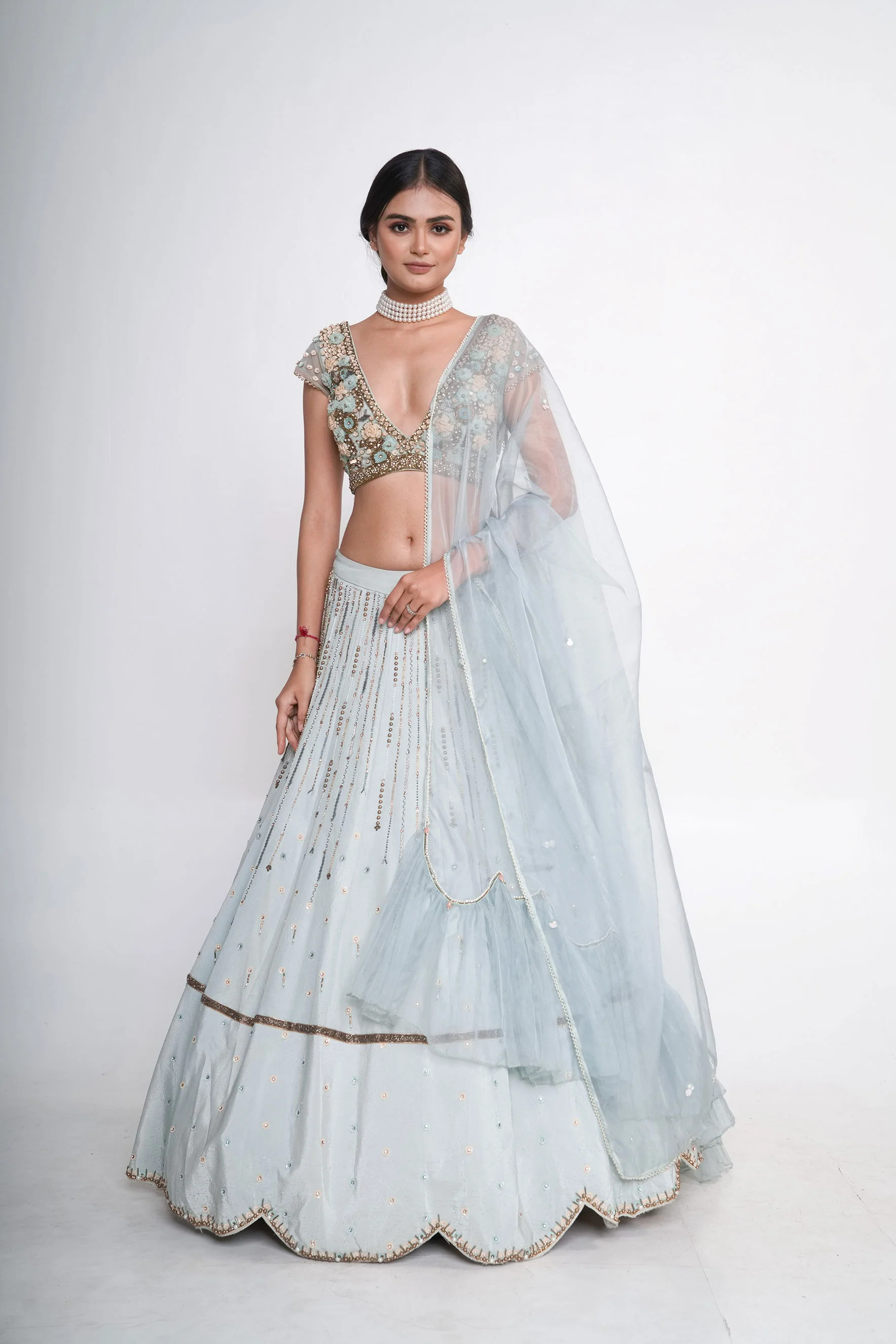 Blue Organza Silk Scalloped Hem Lehenga Set - Image 2