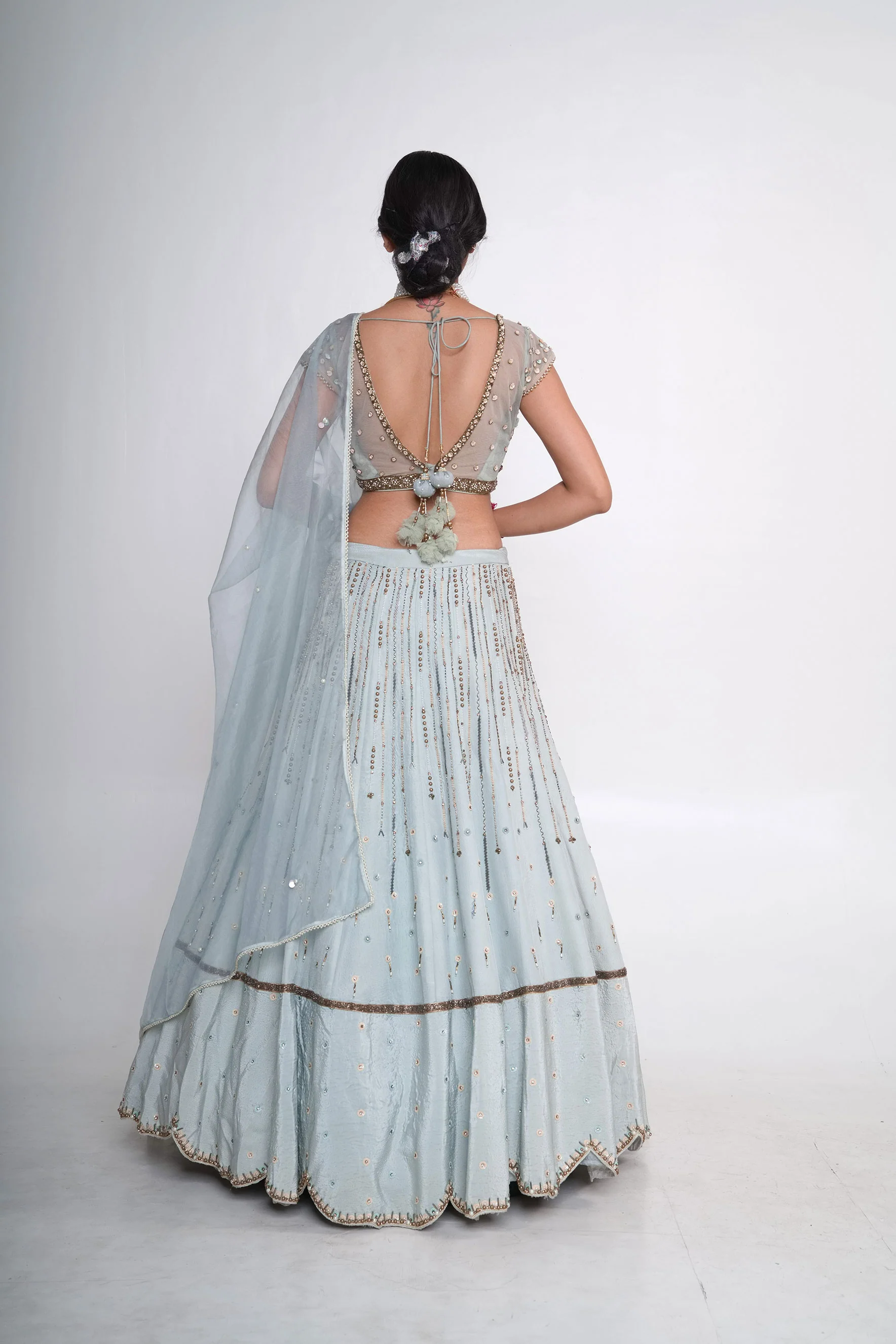 Blue Organza Silk Scalloped Hem Lehenga Set - Image 3