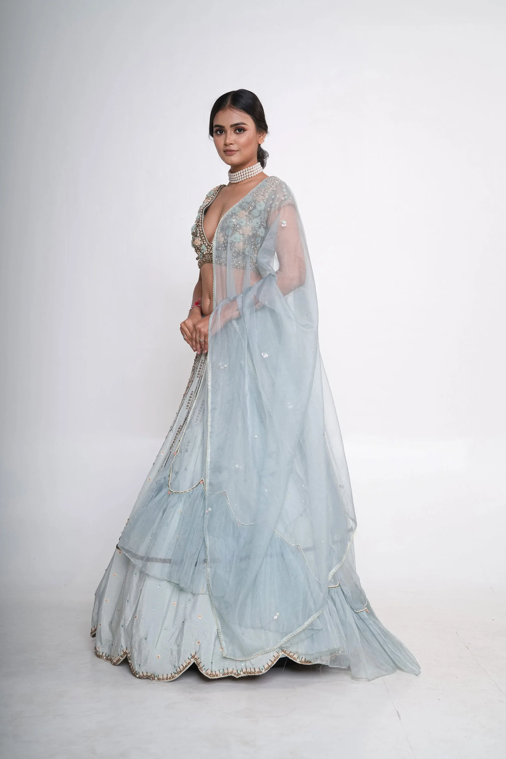 Blue Organza Silk Scalloped Hem Lehenga Set - Image 4