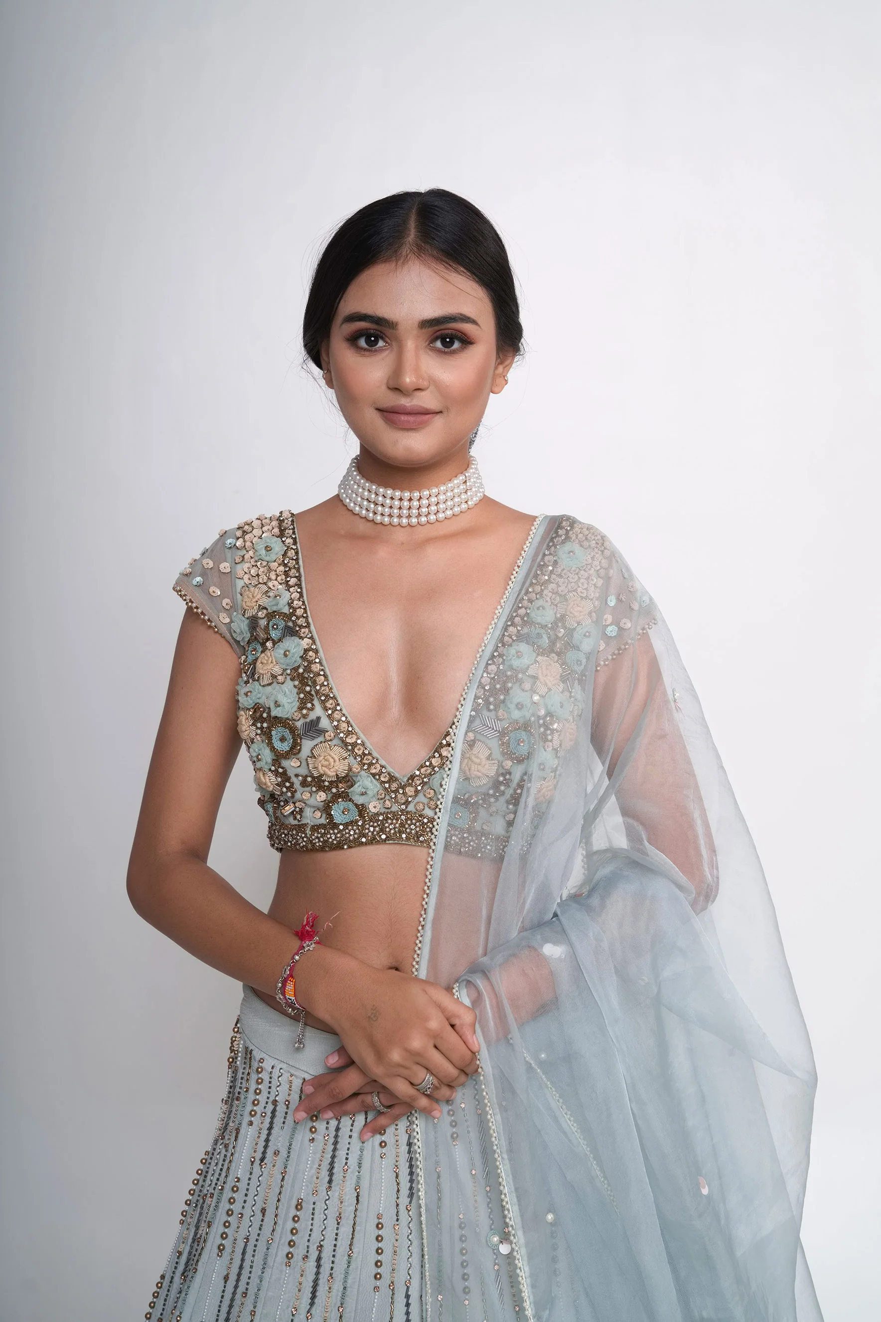 Blue Organza Silk Scalloped Hem Lehenga Set - Image 5