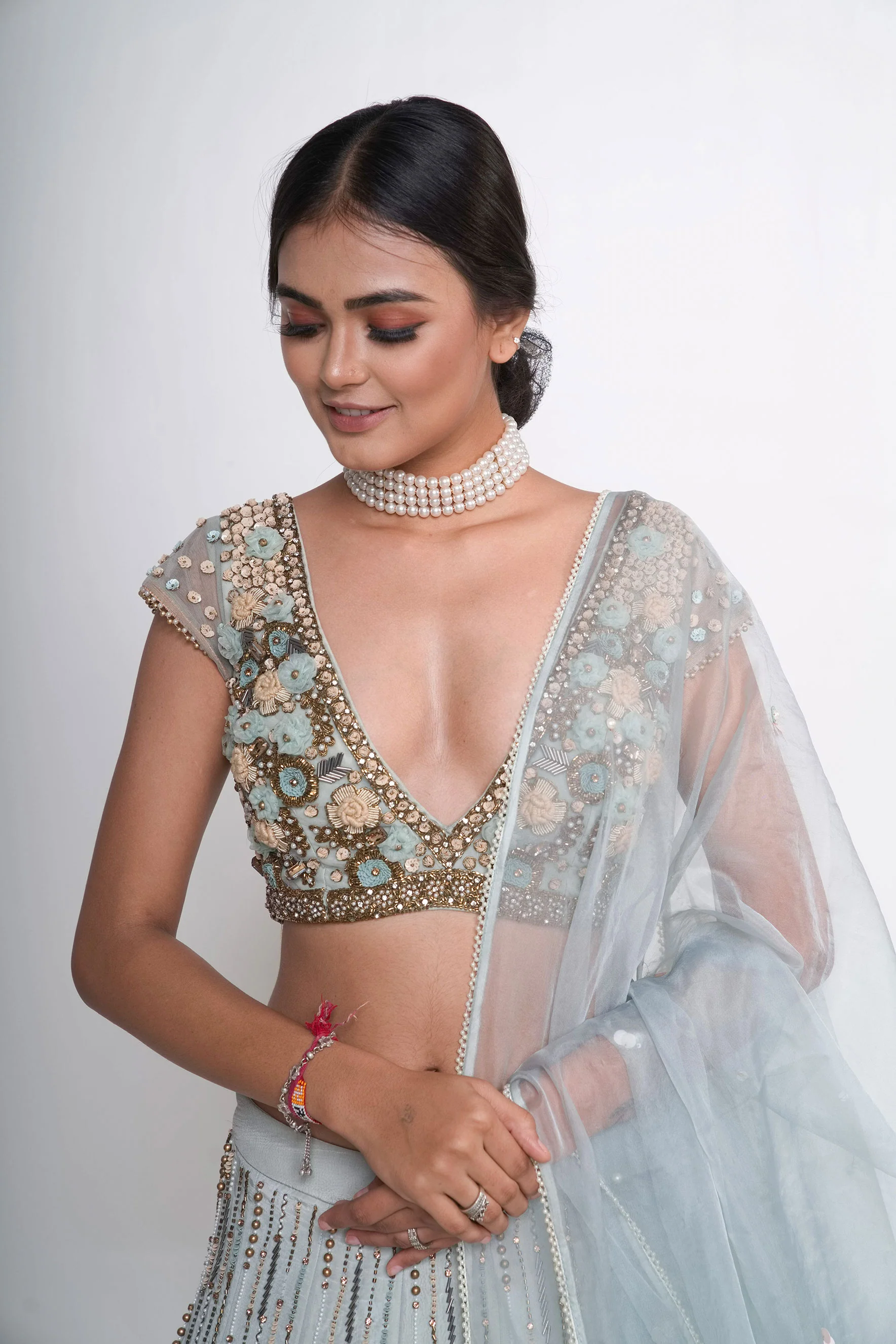 Blue Organza Silk Scalloped Hem Lehenga Set - Image 6