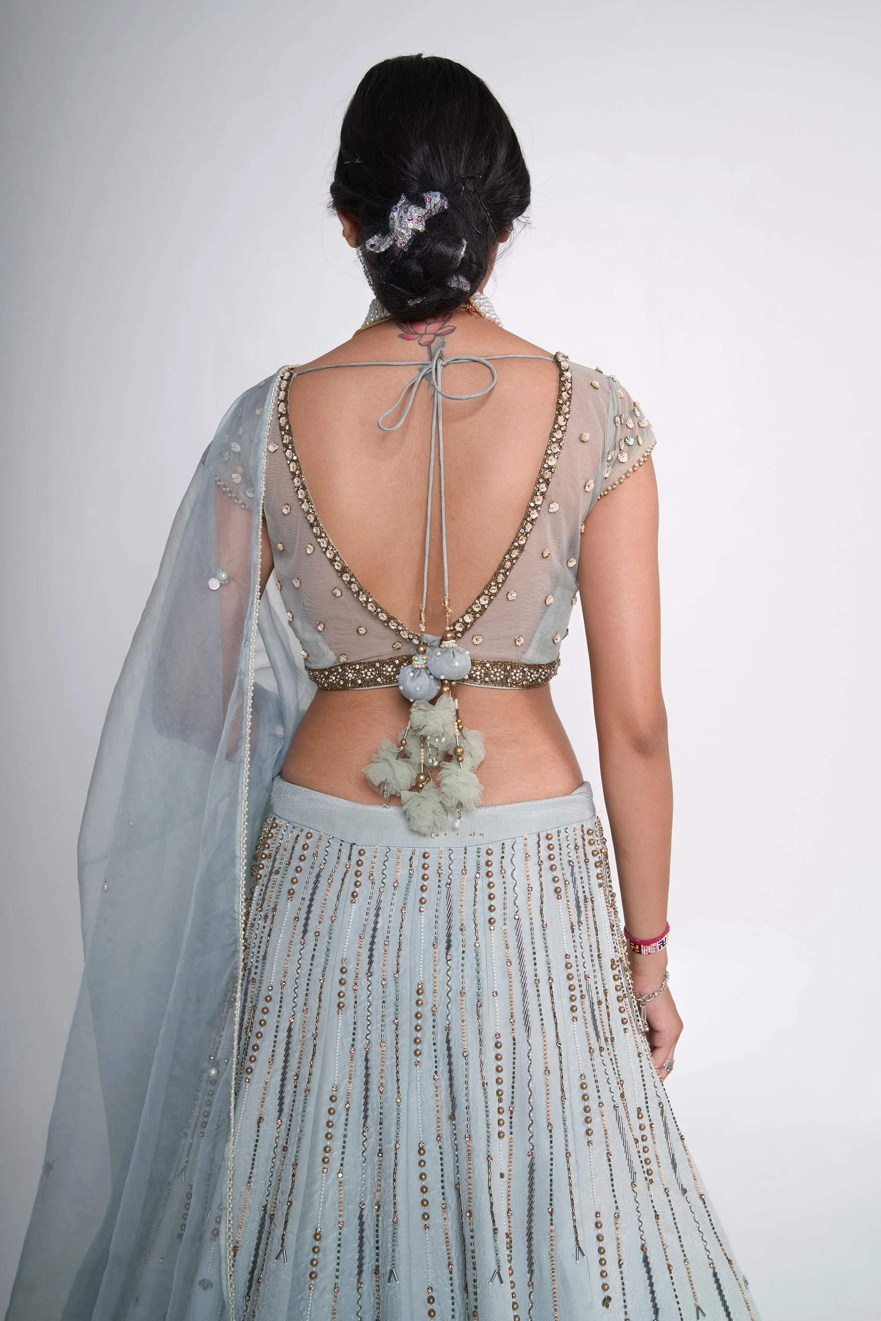 Blue Organza Silk Scalloped Hem Lehenga Set - Image 7
