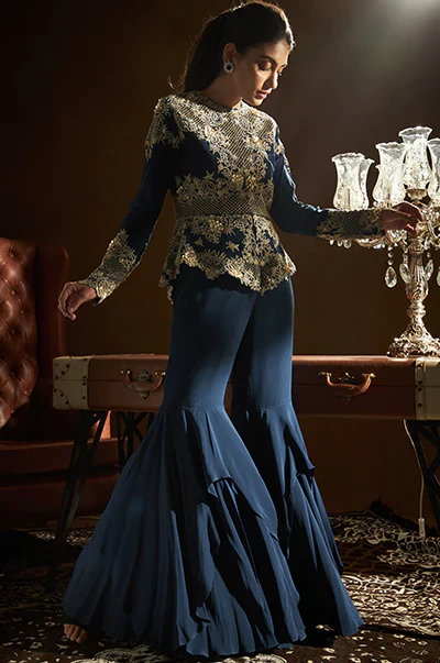 Blue Peplum Jacket Flared Pants Set - Image 3