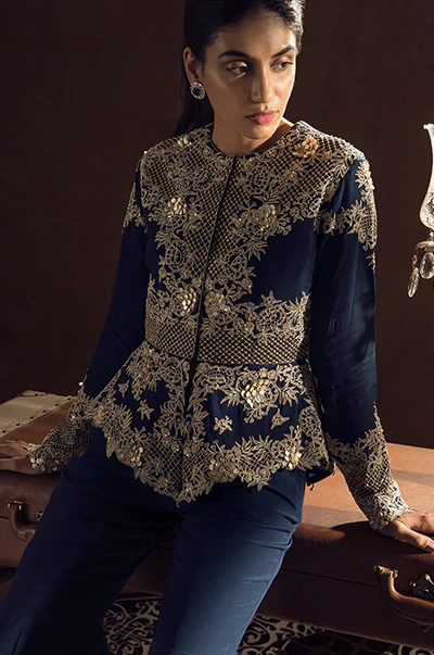 Blue Peplum Jacket Flared Pants Set - Image 4