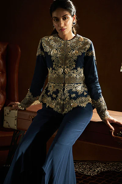 Blue Peplum Jacket Flared Pants Set - Image 5