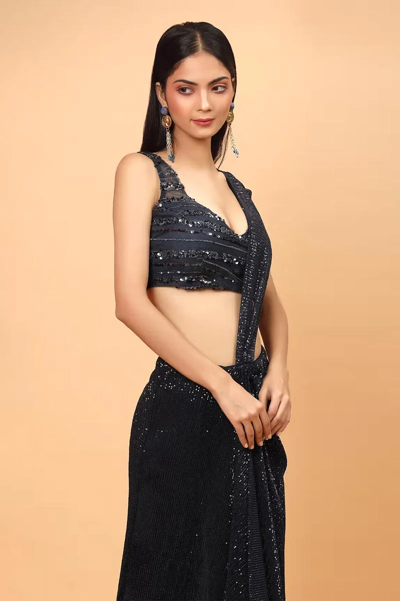 Blue Pre-Draped Saree With Embroidered Blouse - Image 3