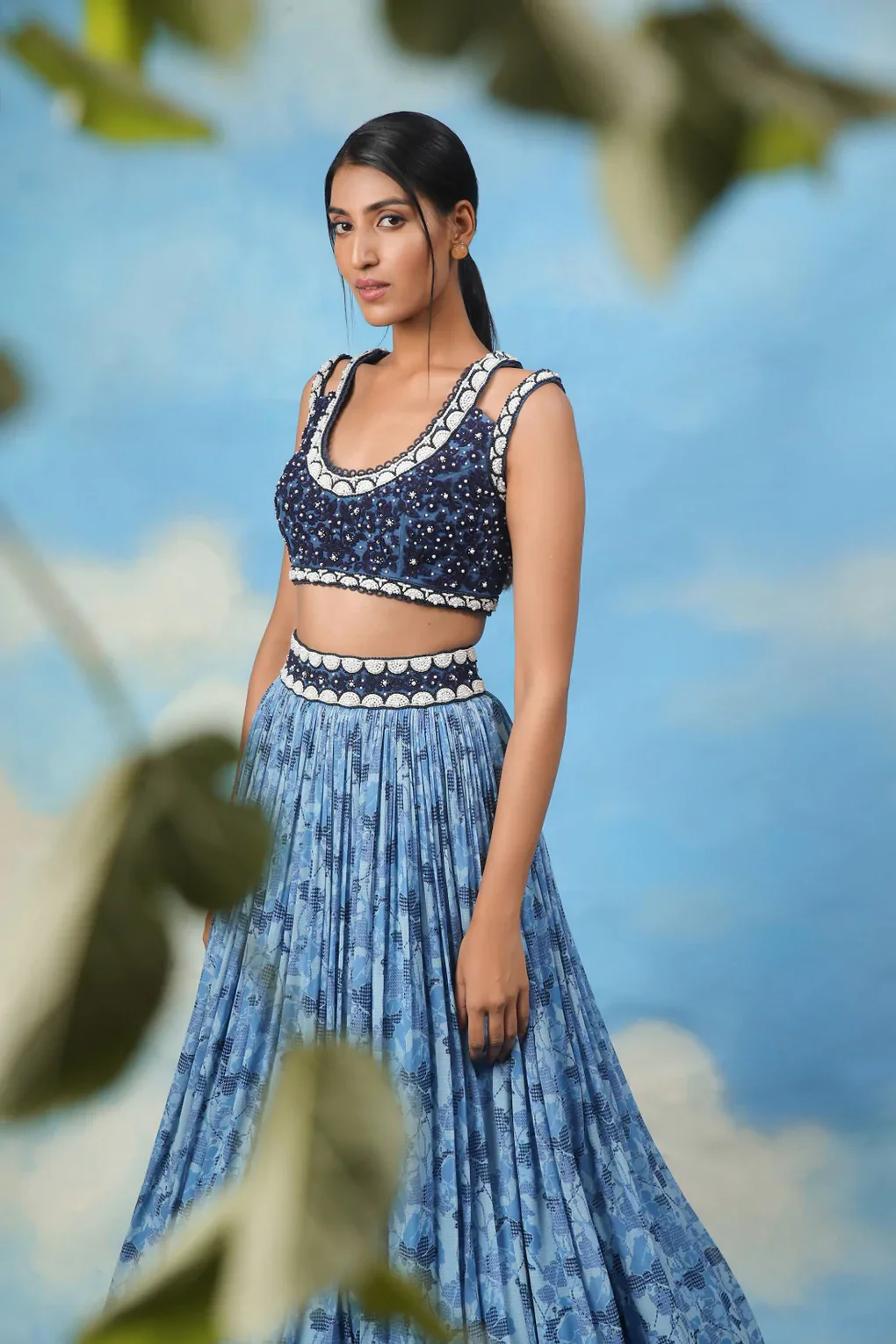 Blue Printed Crop Top Skirt With Embroidered Blouse