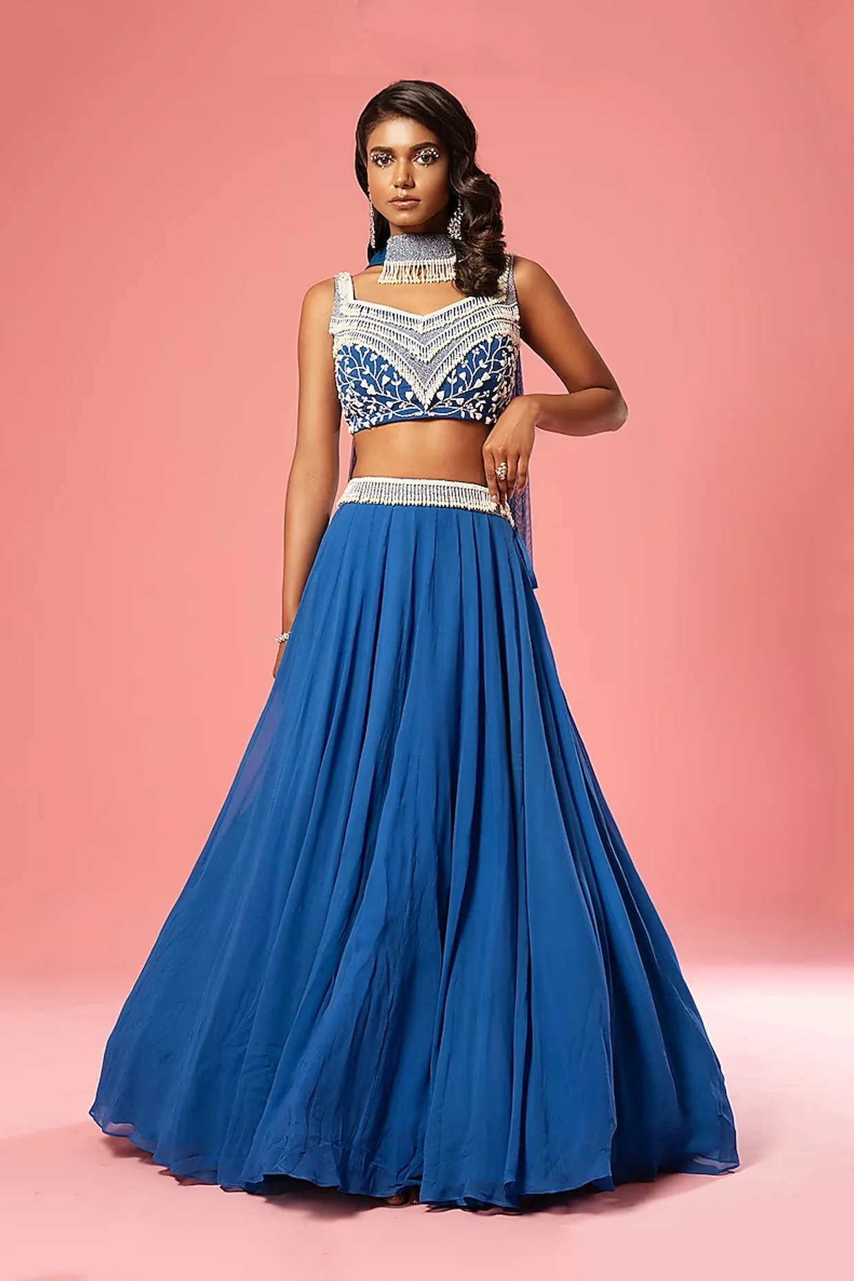 Blue Pure Georgette Embroidered Lehenga Set
