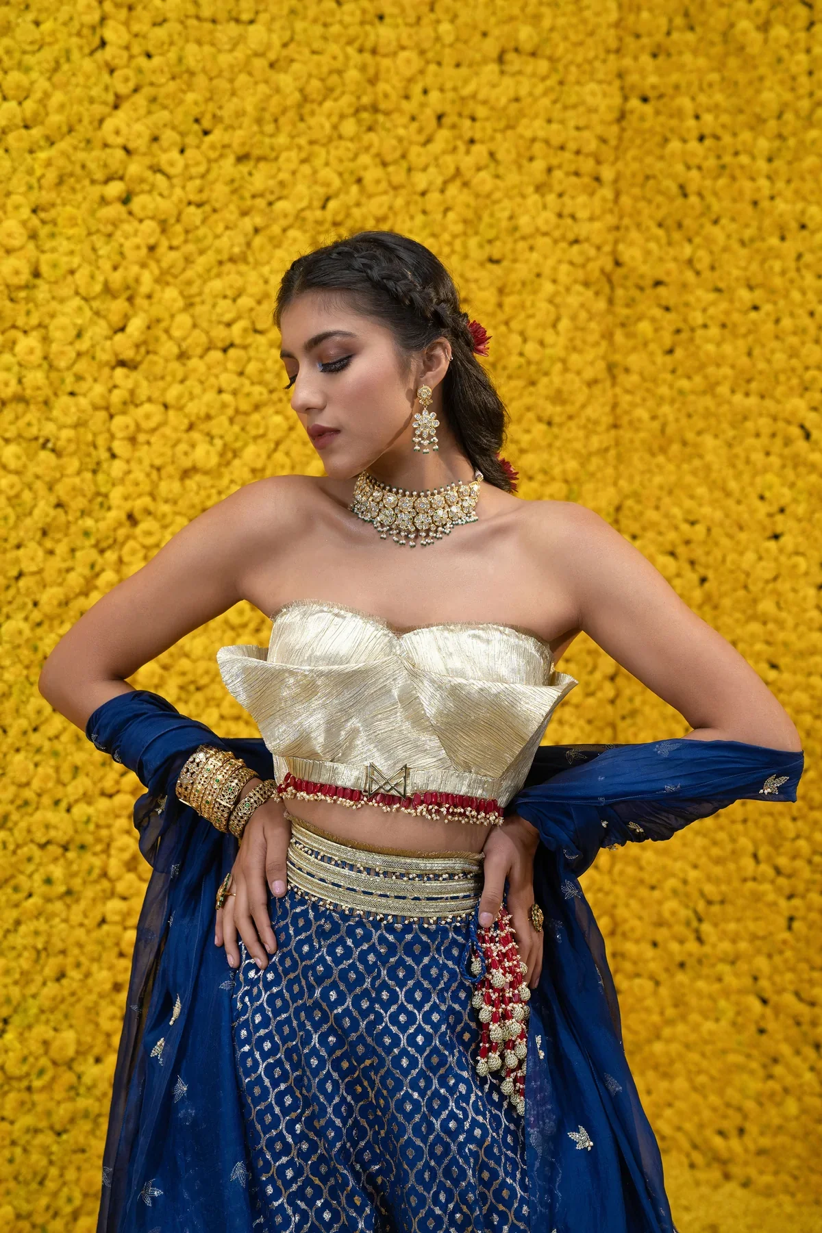 Blue Rakha Banarasi Chanderi Lehenga Set - Image 3