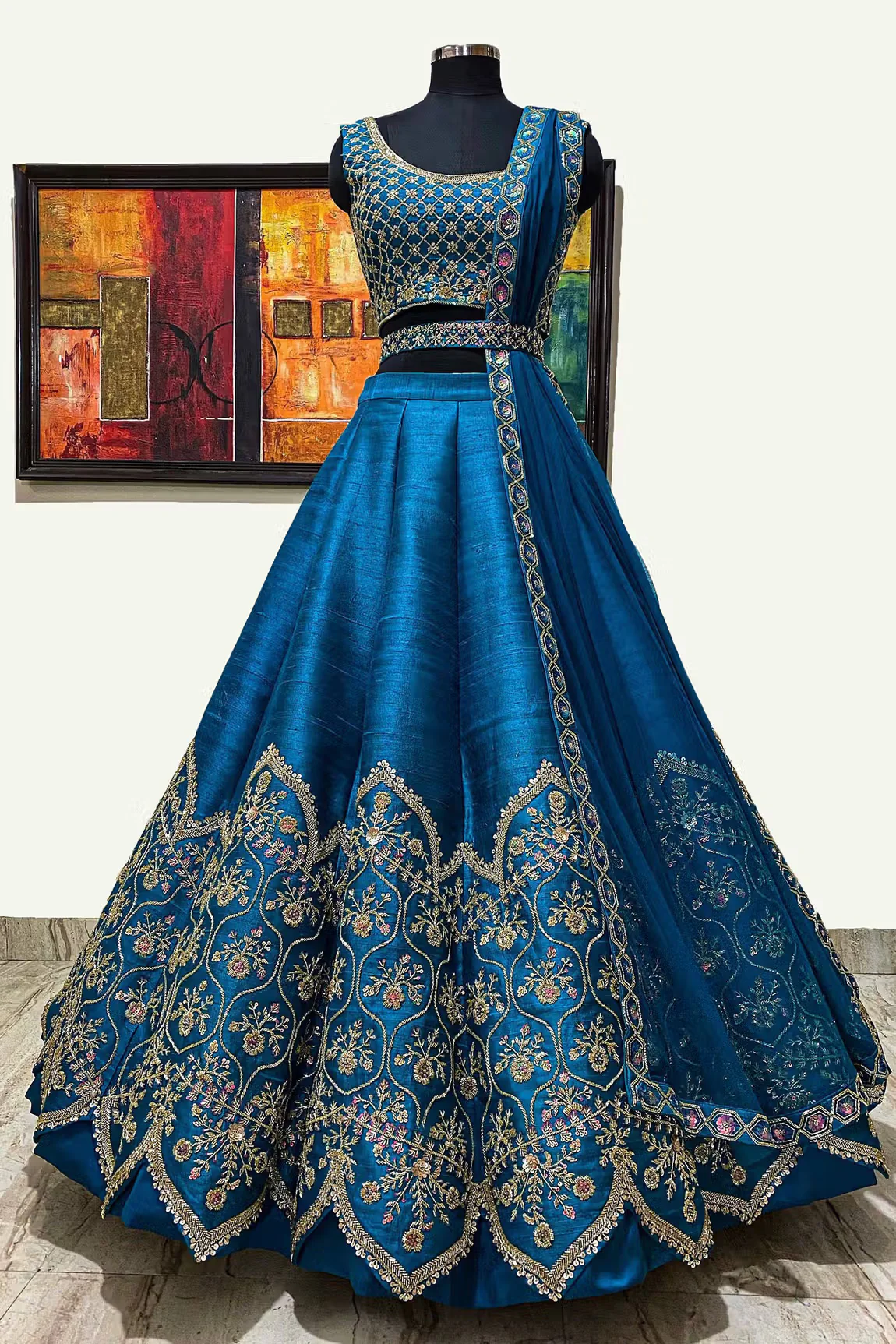 Blue Raw Silk Embroidered Lehenga Set