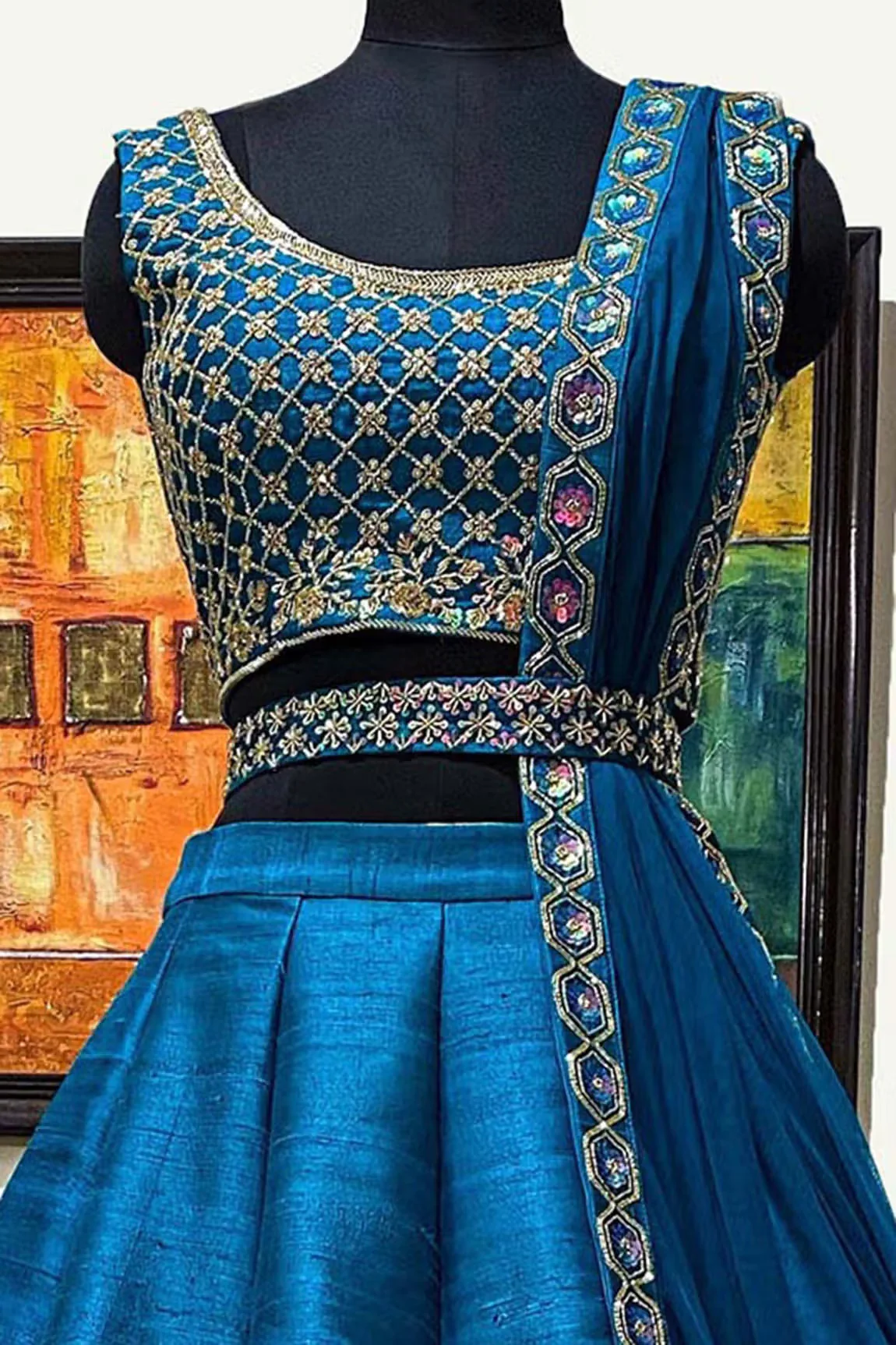 Blue Raw Silk Embroidered Lehenga Set - Image 2