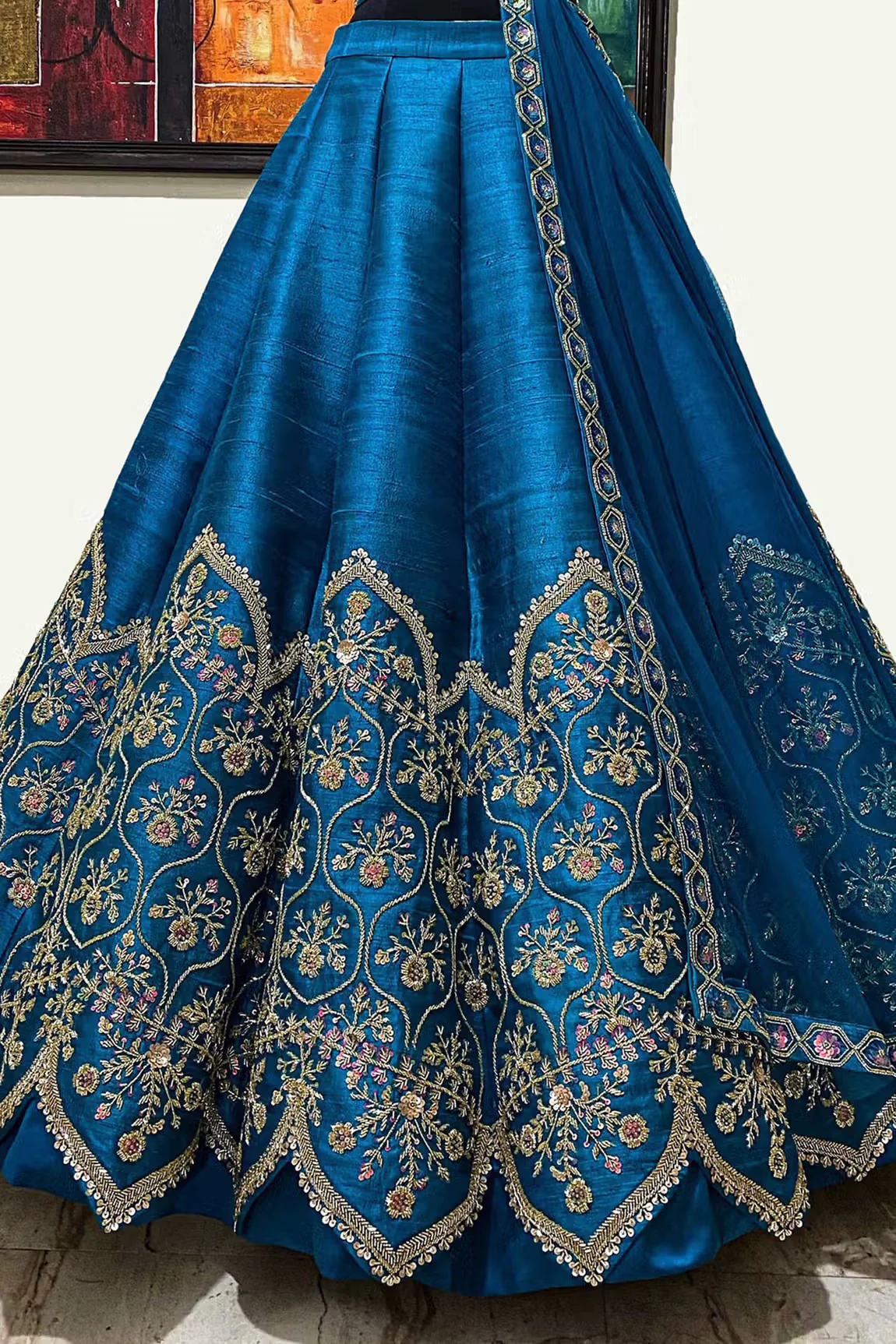 Blue Raw Silk Embroidered Lehenga Set - Image 4