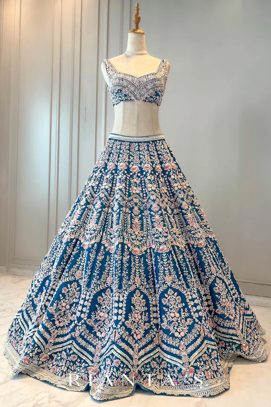 Blue Raw Silk Peony Floral Embroidered Lehenga Set - Image 4