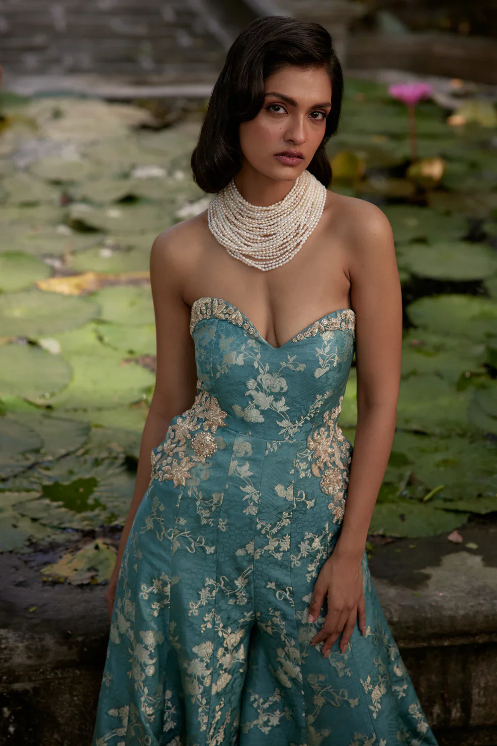 Blue Russian Jacquard Woven Floral Sweetheart Neck Jumpsuit - Image 3