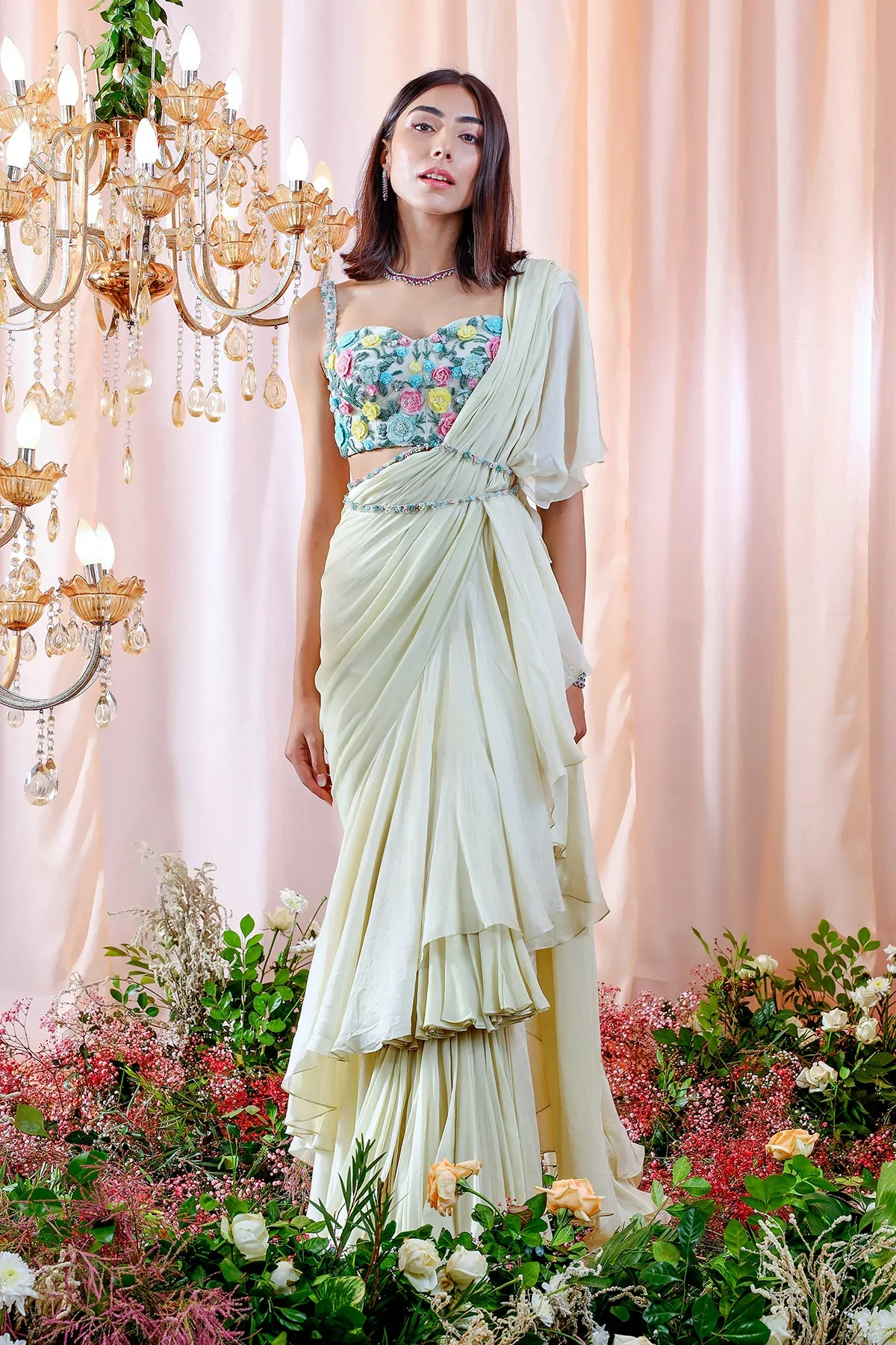 Blue Shantoon Lea Pre-Draped Ruffle Saree With Blouse - Image 3
