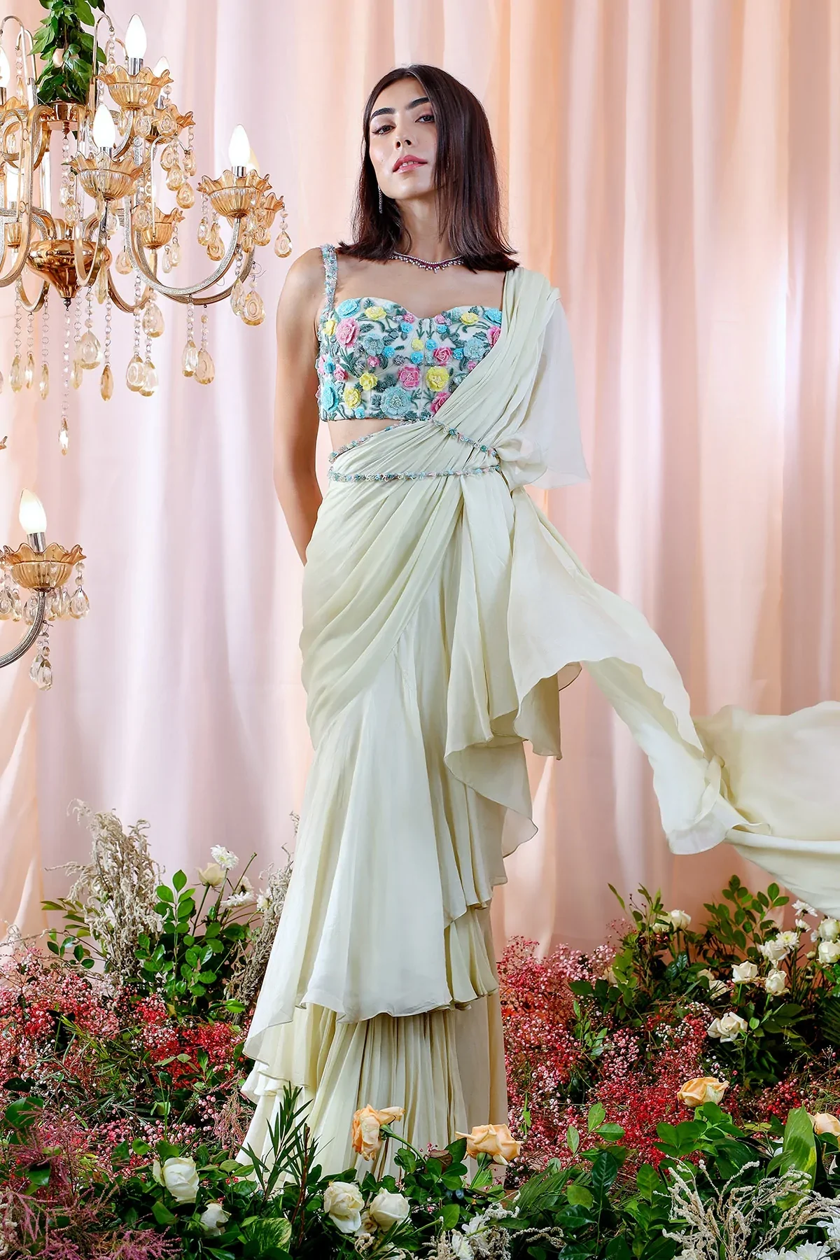 Blue Shantoon Lea Pre-Draped Ruffle Saree With Blouse - Image 4