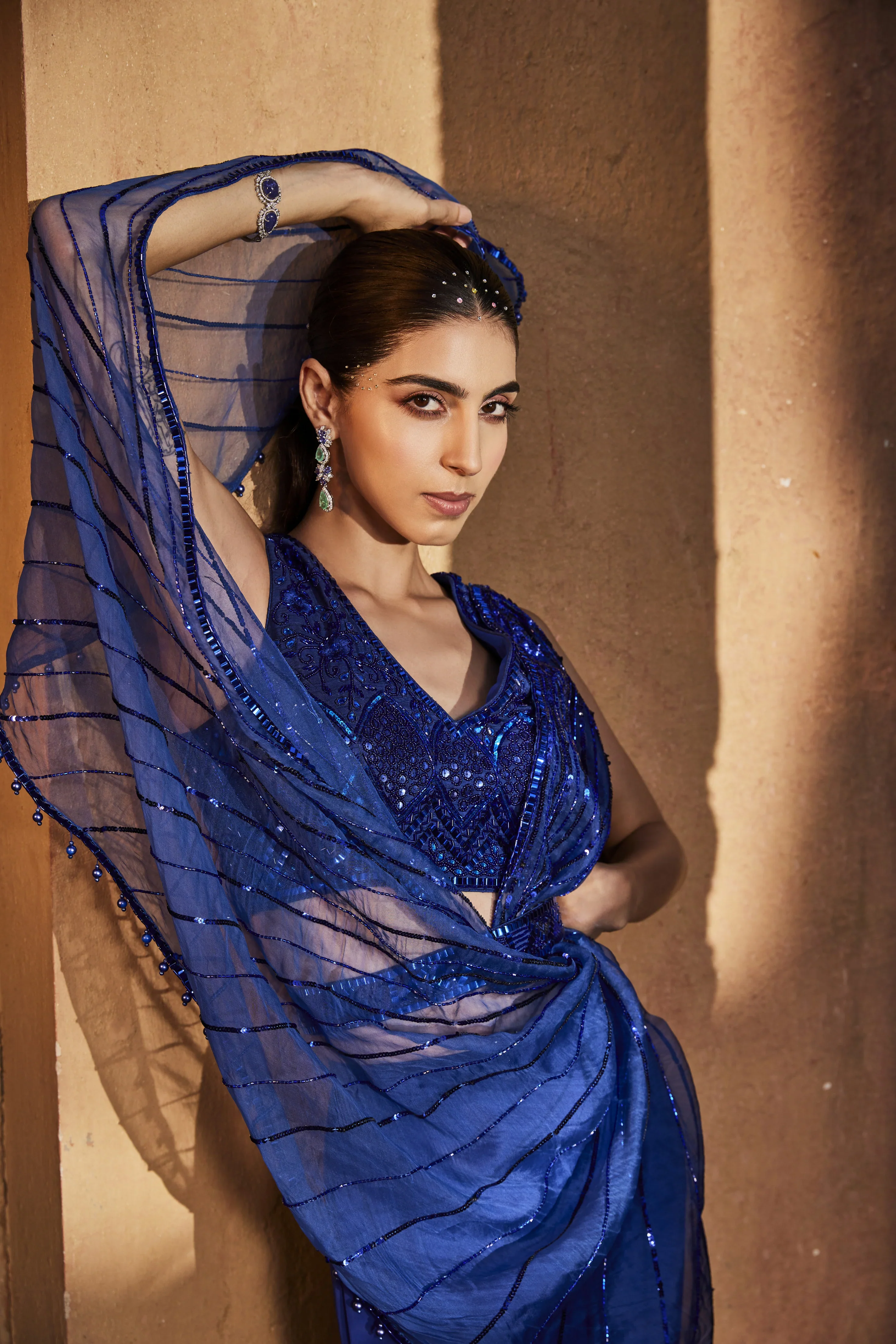 Blue Sharara With Embroidered Choli And Draped Dupatta - Image 3