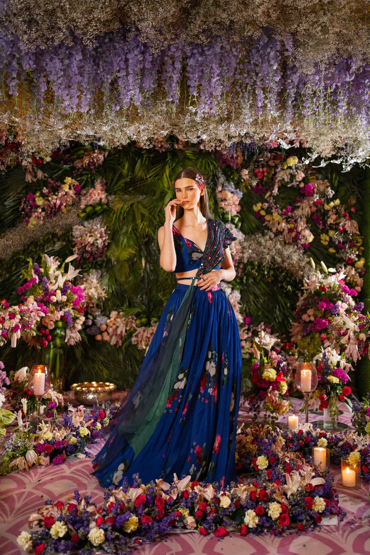 Blue Silk Organza Floral Print Lehenga Set - Image 4