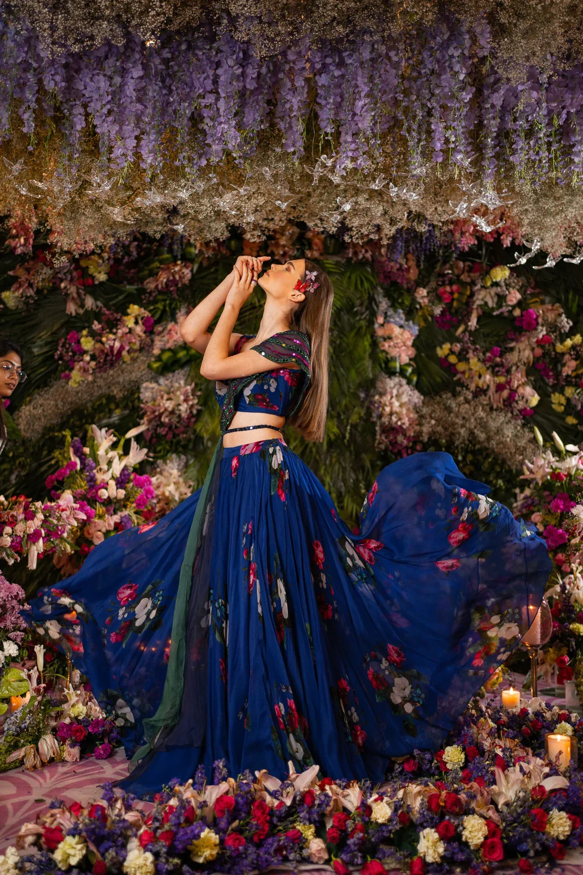 Blue Silk Organza Floral Print Lehenga Set - Image 5