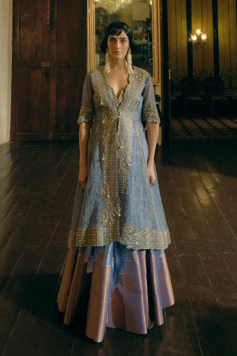 Blue Silk Zari Tissue Skirt With Blouse and Long Jacket Set