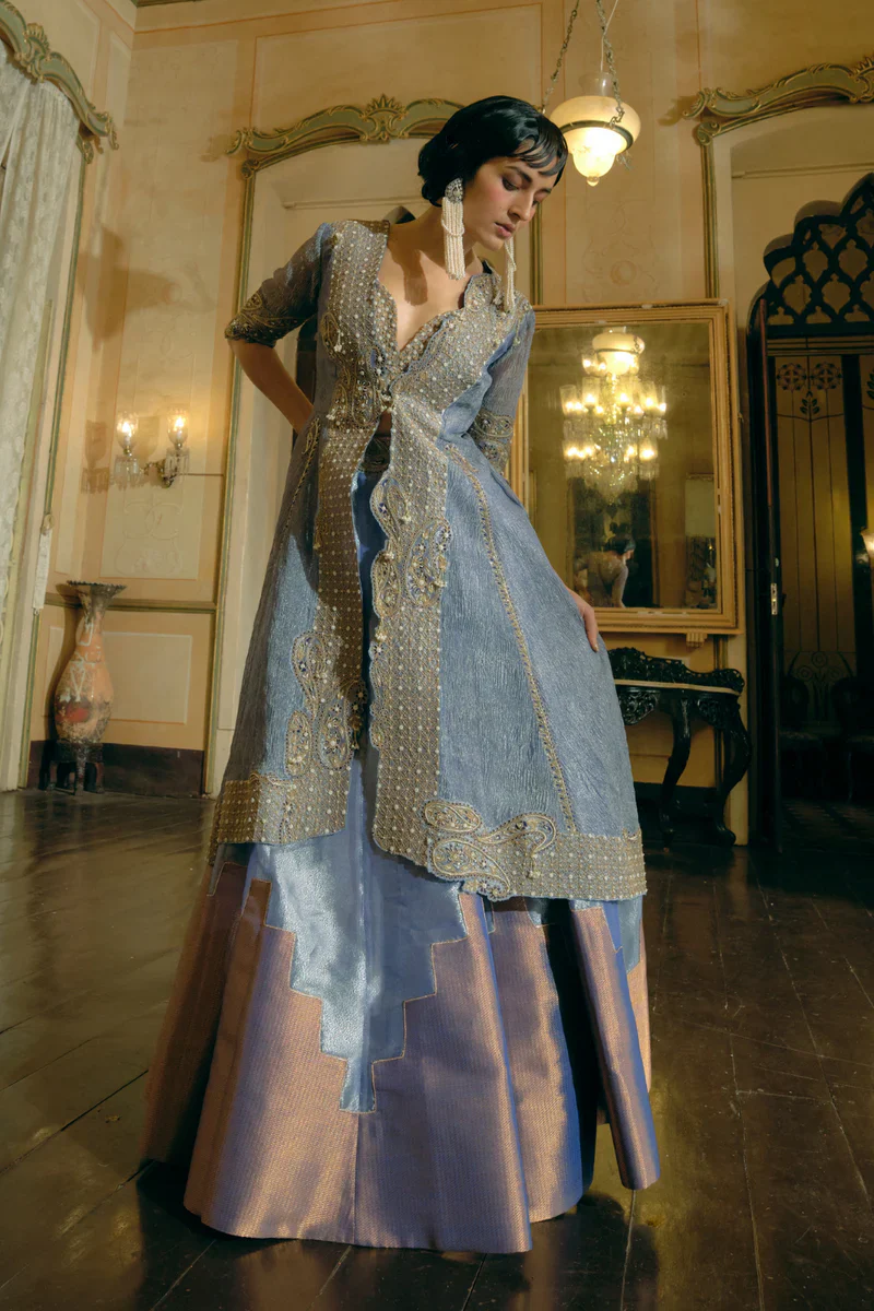 Blue Silk Zari Tissue Skirt With Blouse and Long Jacket Set - Image 2