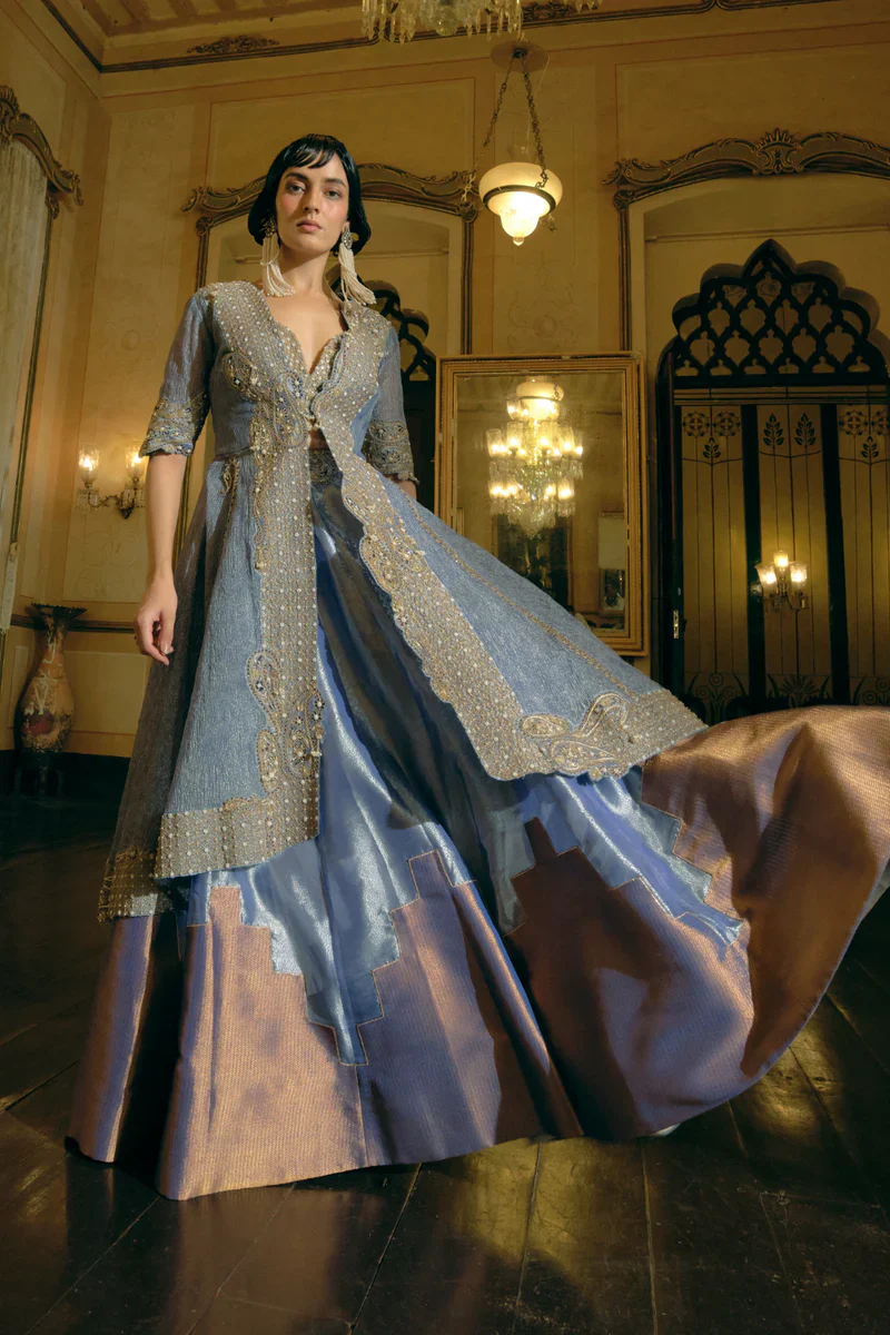 Blue Silk Zari Tissue Skirt With Blouse and Long Jacket Set - Image 3