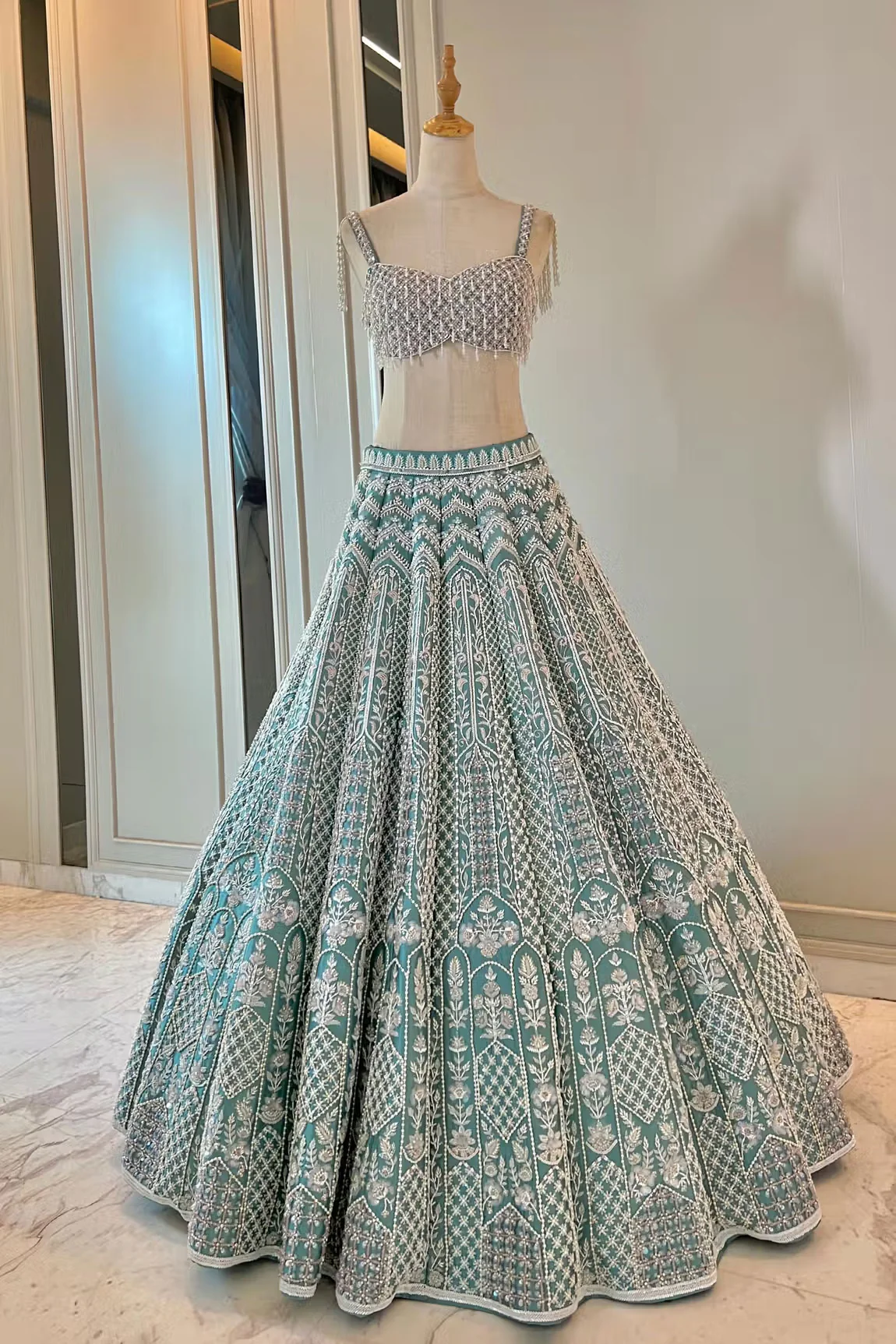 Blue Taffeta Camellia Floral Embroidered Lehenga Set - Image 3