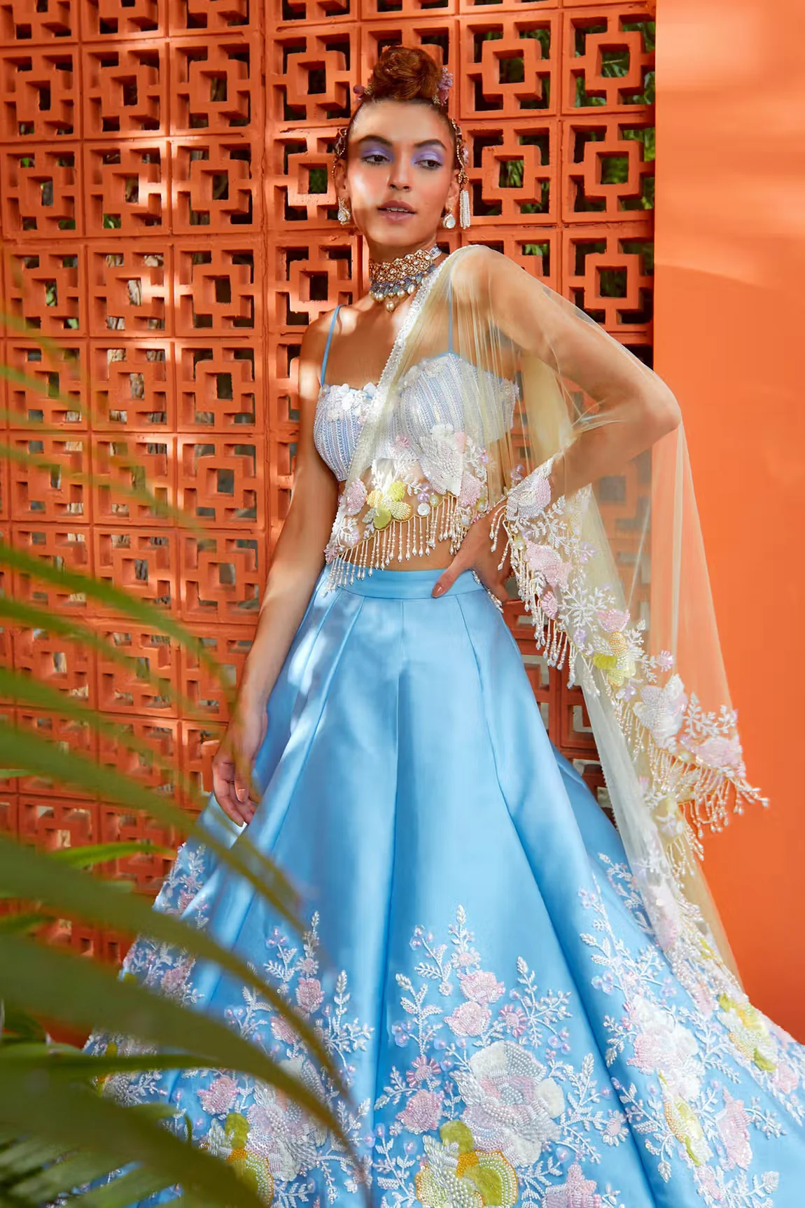 Blue Taffeta Tiffany Rose Embroidered Lehenga Set