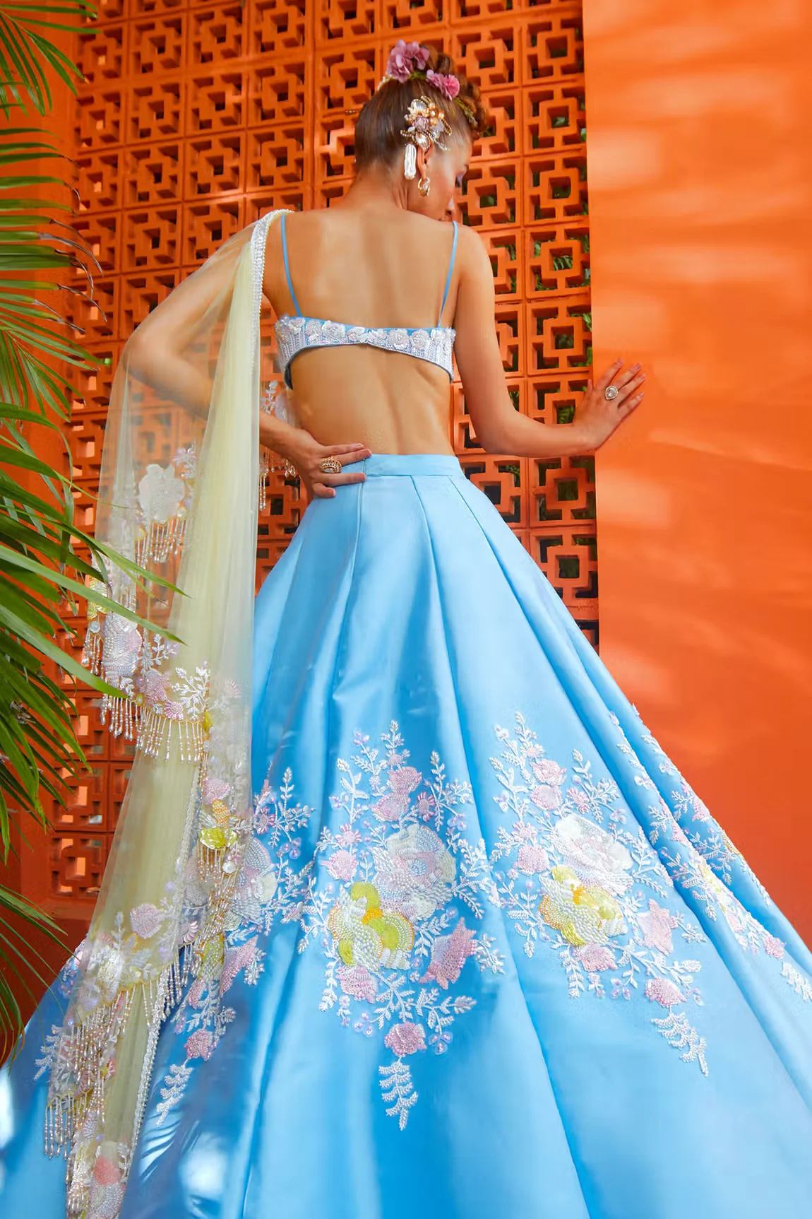 Blue Taffeta Tiffany Rose Embroidered Lehenga Set - Image 2