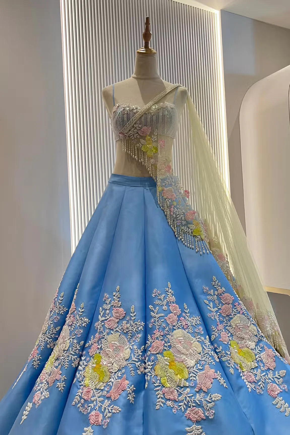 Blue Taffeta Tiffany Rose Embroidered Lehenga Set - Image 3