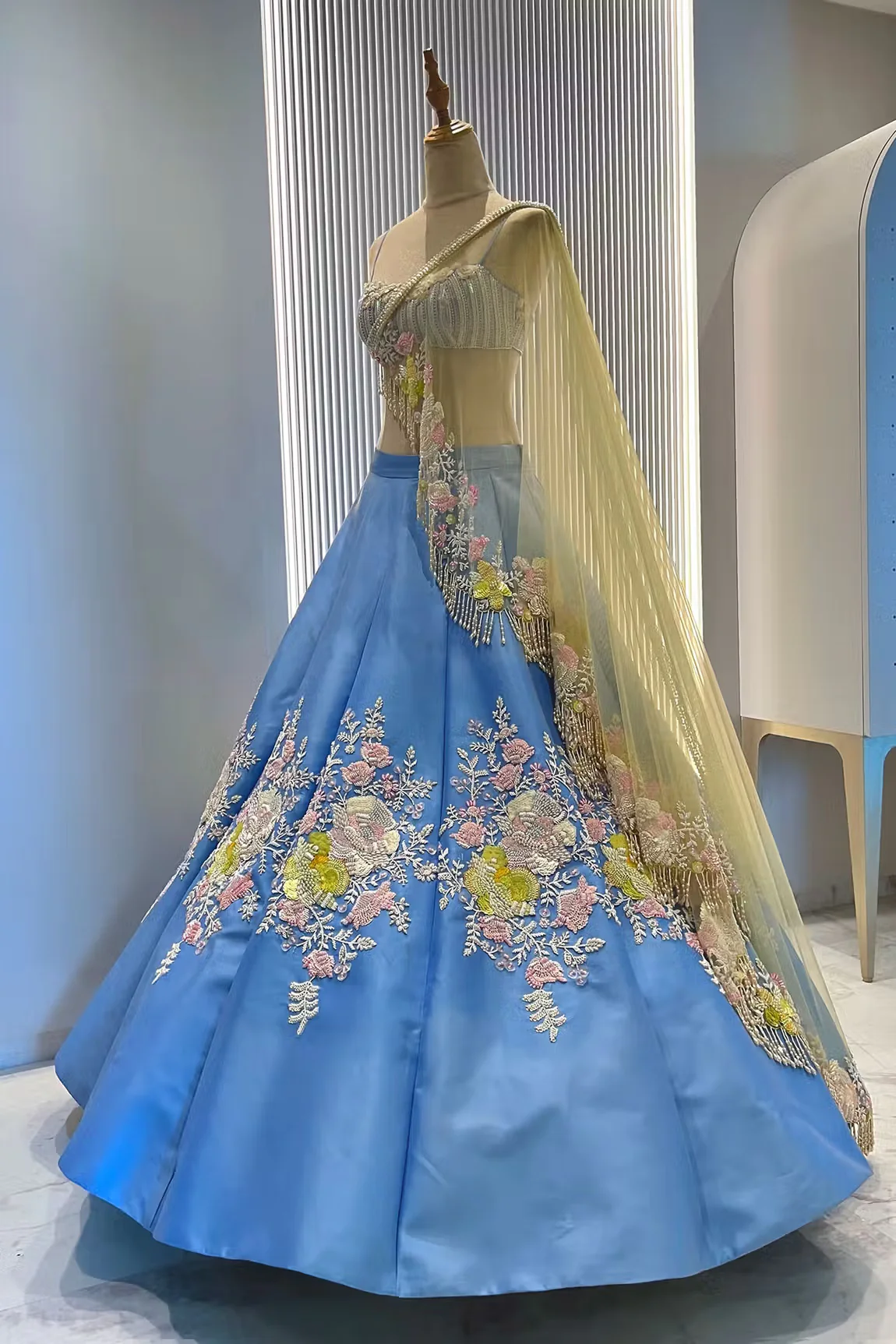 Blue Taffeta Tiffany Rose Embroidered Lehenga Set - Image 4