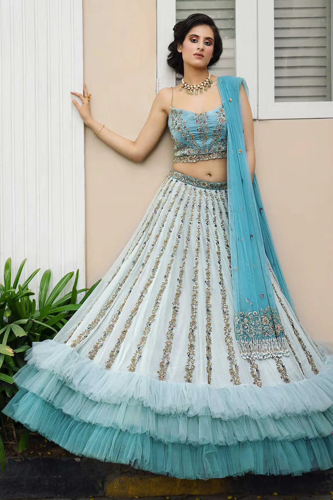 Blue Tulle Embroidered Lehenga Set