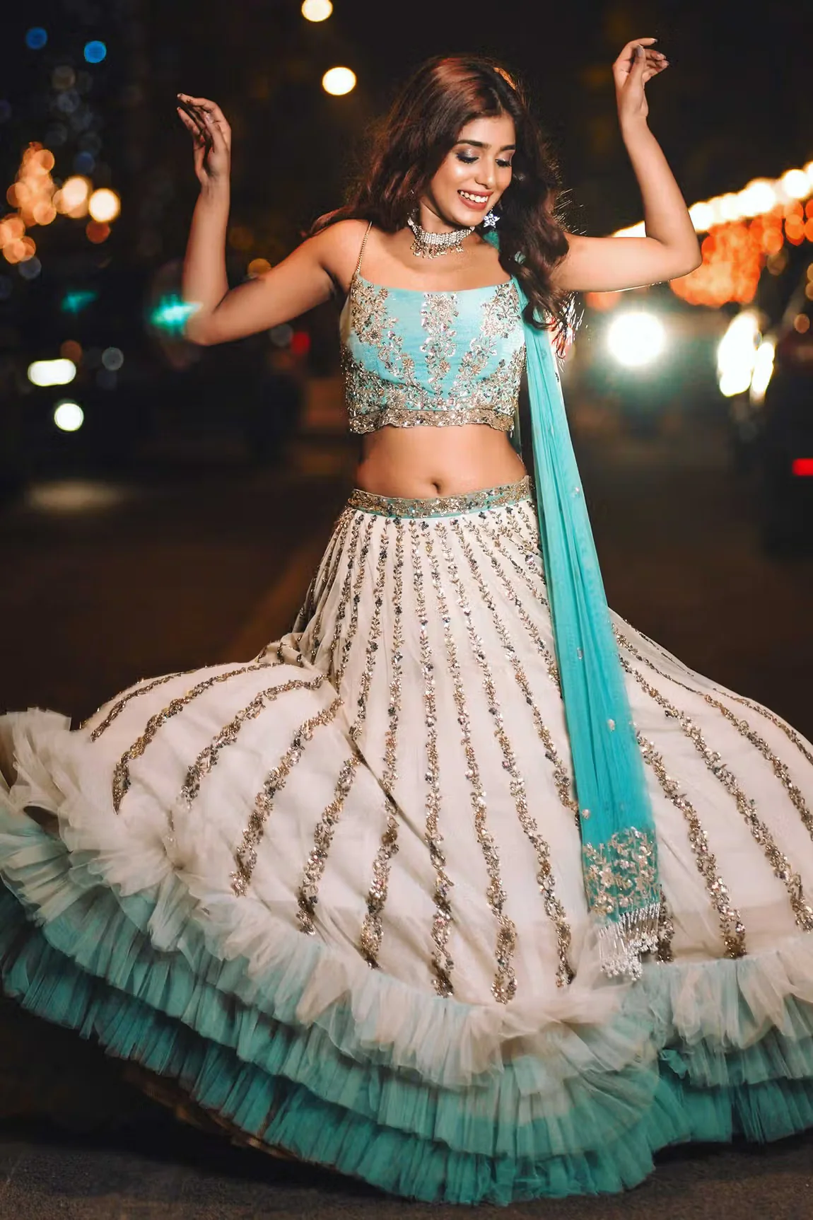 Blue Tulle Embroidered Lehenga Set - Image 3