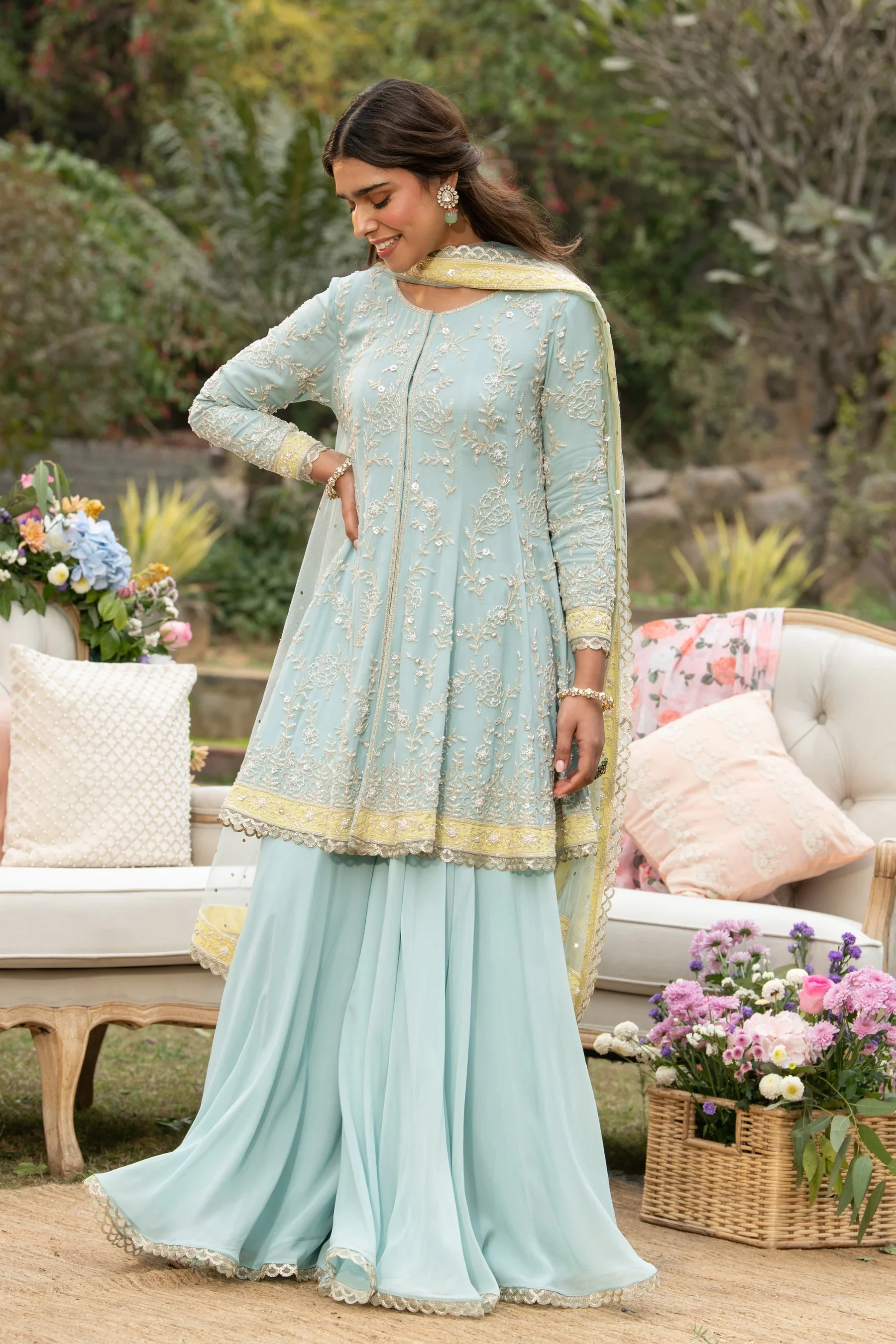 Blue Uncut Rose Short Anarkali with Sharara
