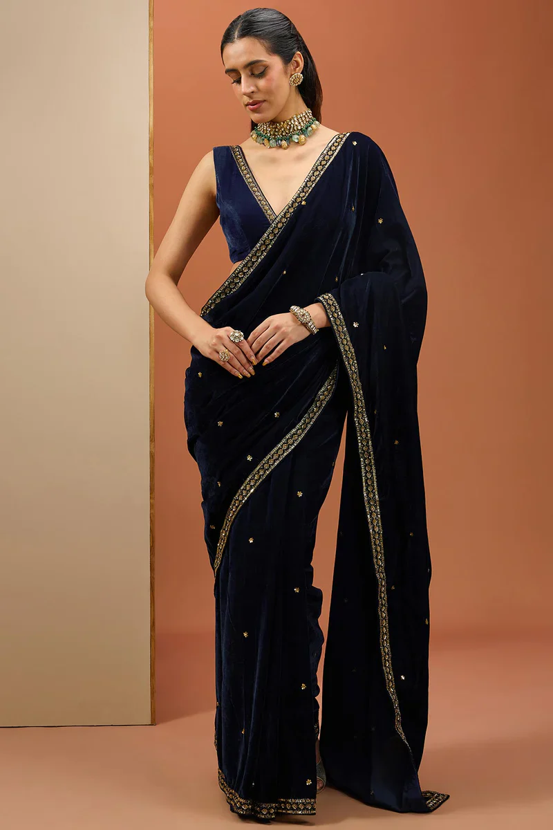 Blue Velvet Saree Set