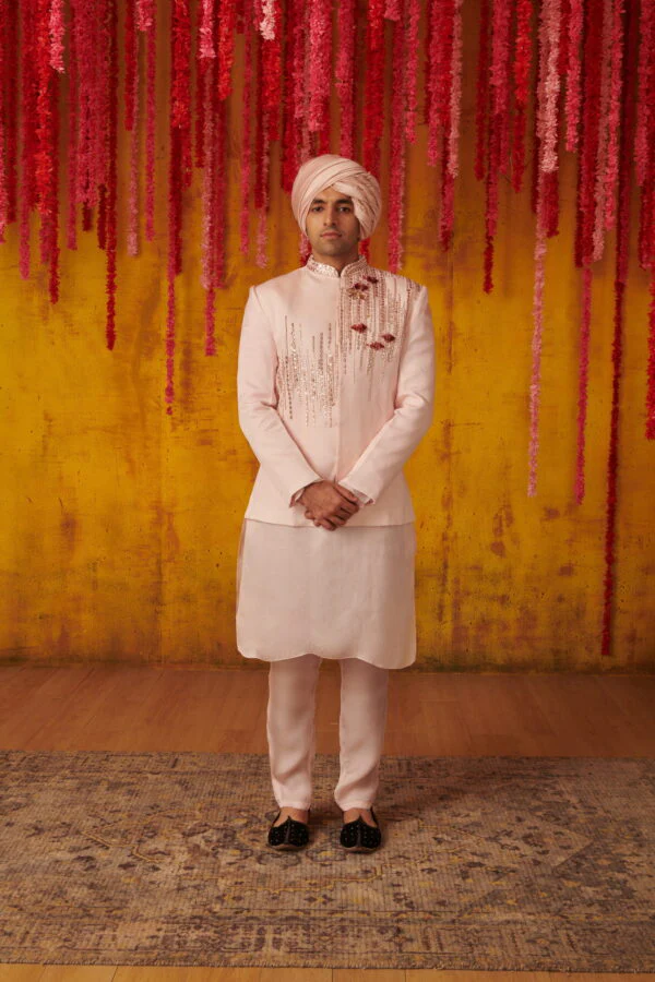 Blush Embroidered Kurta Sherwani Set - Image 4
