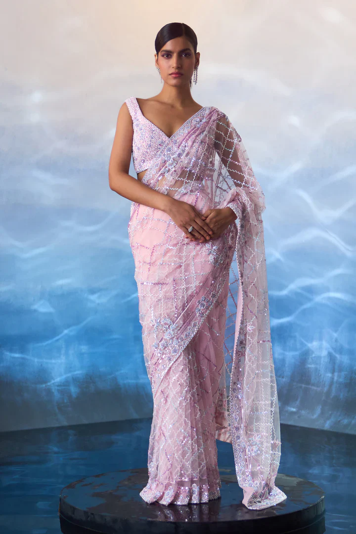 Blush Pink Net Saree - Image 2