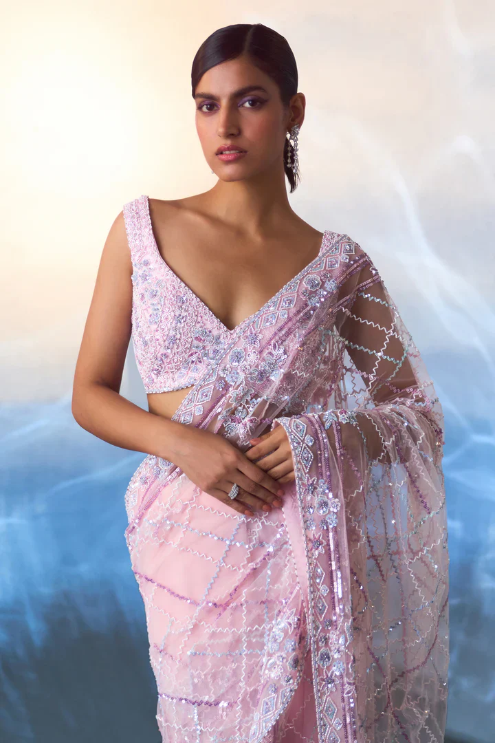 Blush Pink Net Saree - Image 3