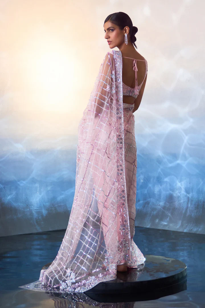 Blush Pink Net Saree - Image 7