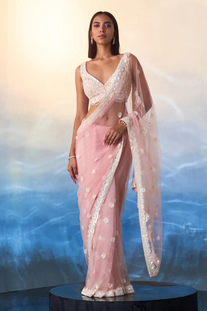 Blush Pink Net Saree - Image 2