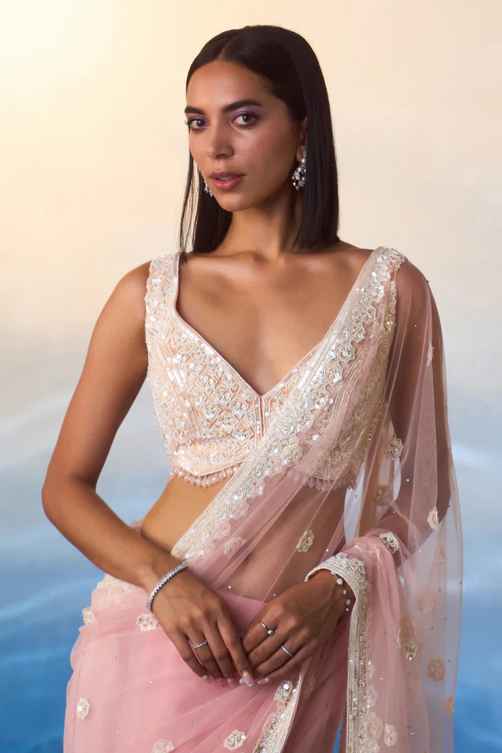 Blush Pink Net Saree - Image 4