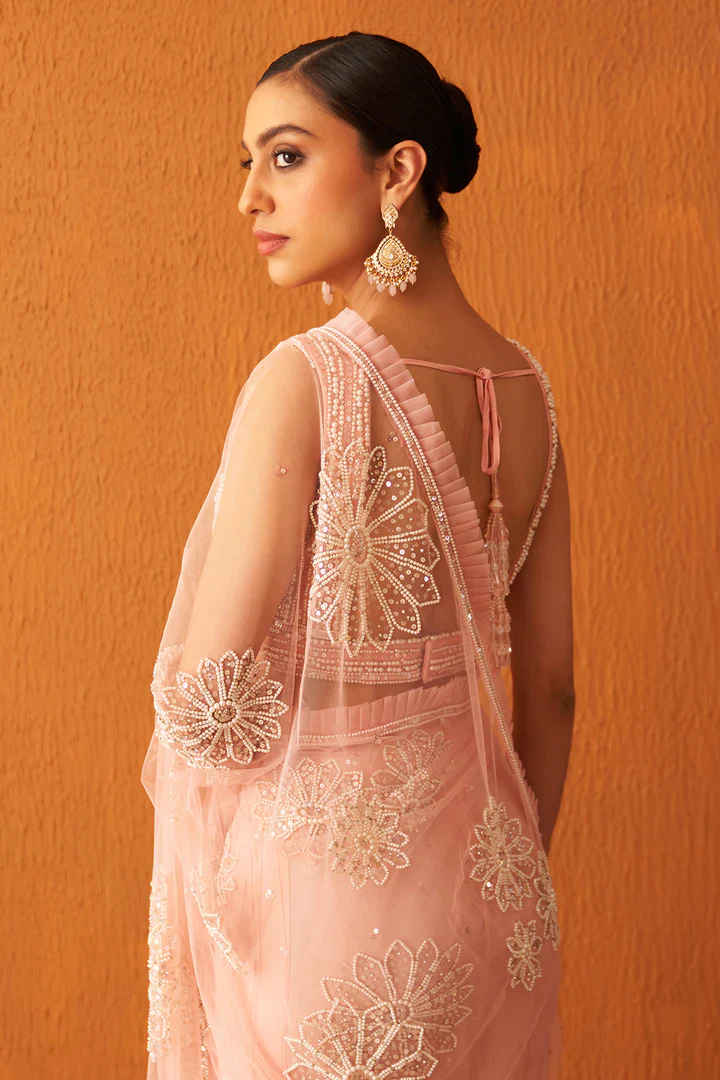 Blush Pink Net Saree - Image 6