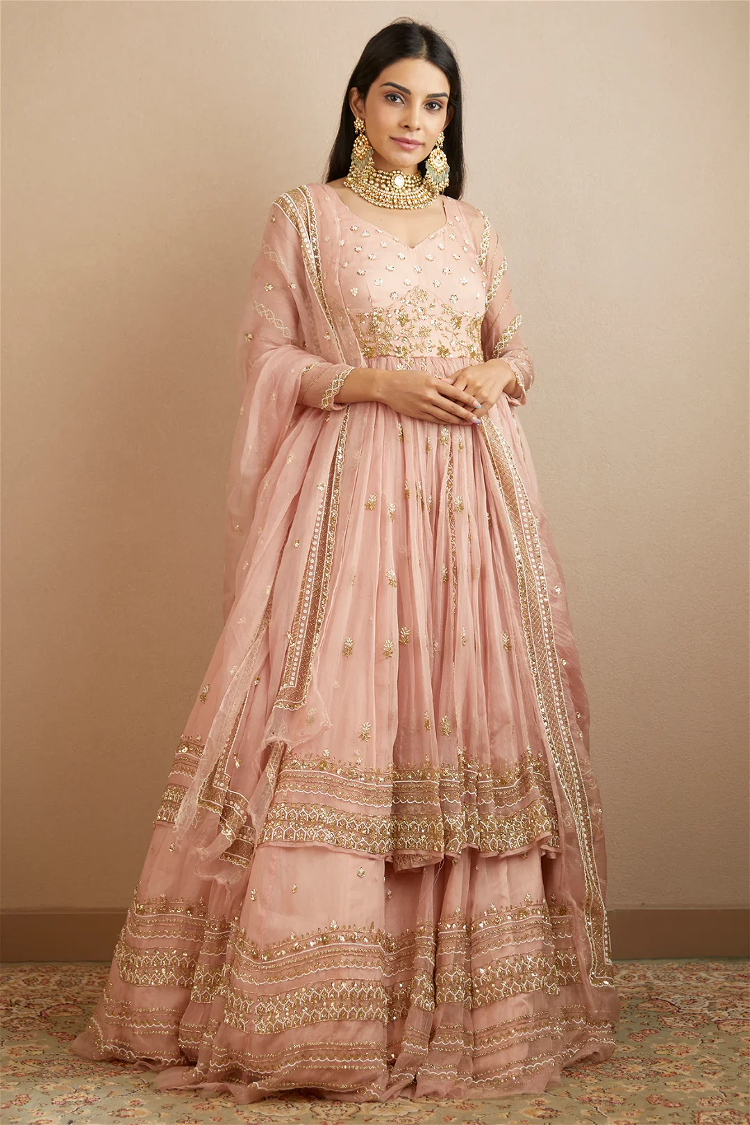 Blush Pink Organza Anarkali With Lehenga Set