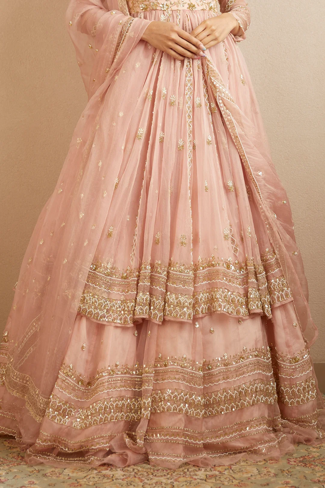 Blush Pink Organza Anarkali With Lehenga Set - Image 3