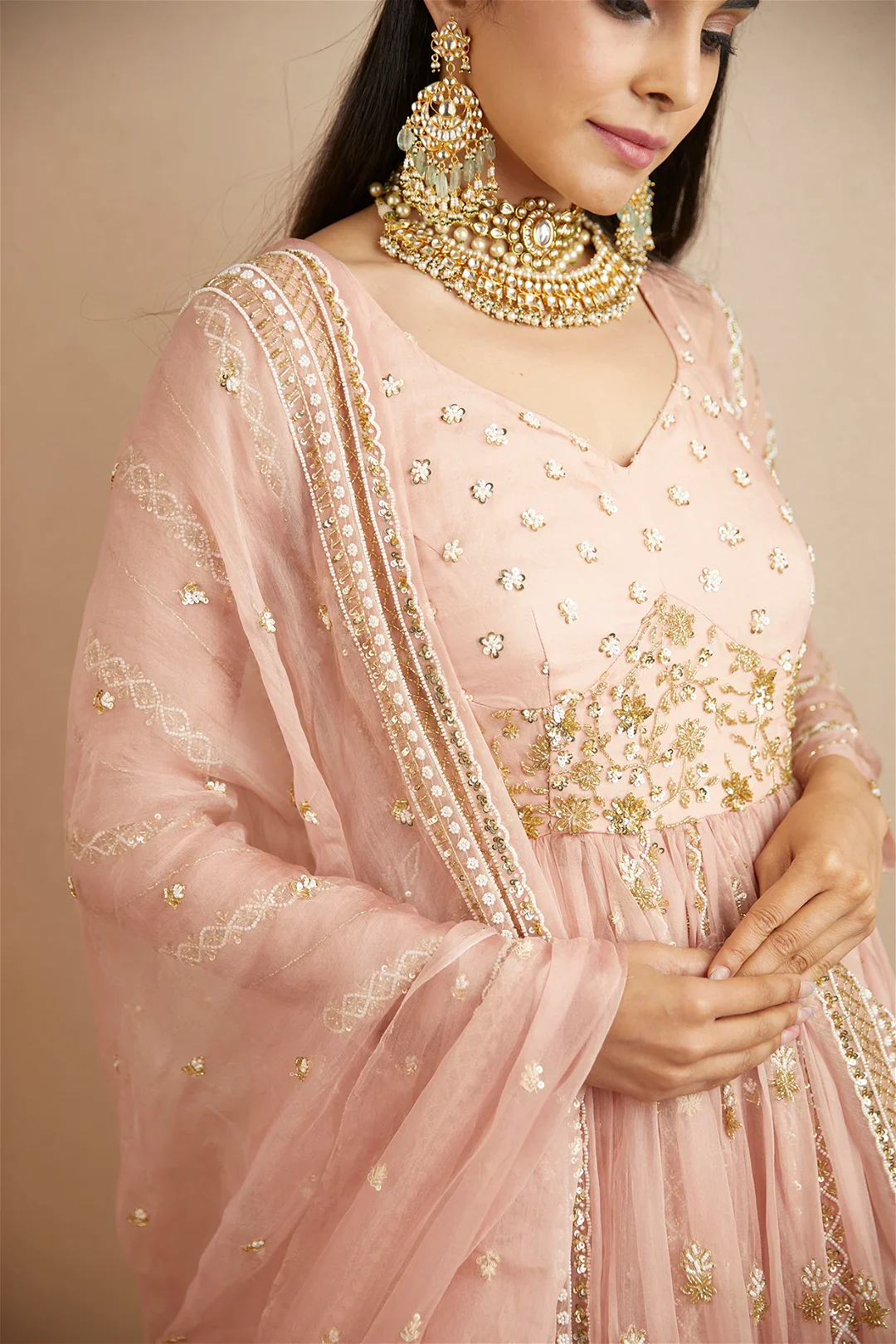 Blush Pink Organza Anarkali With Lehenga Set - Image 4