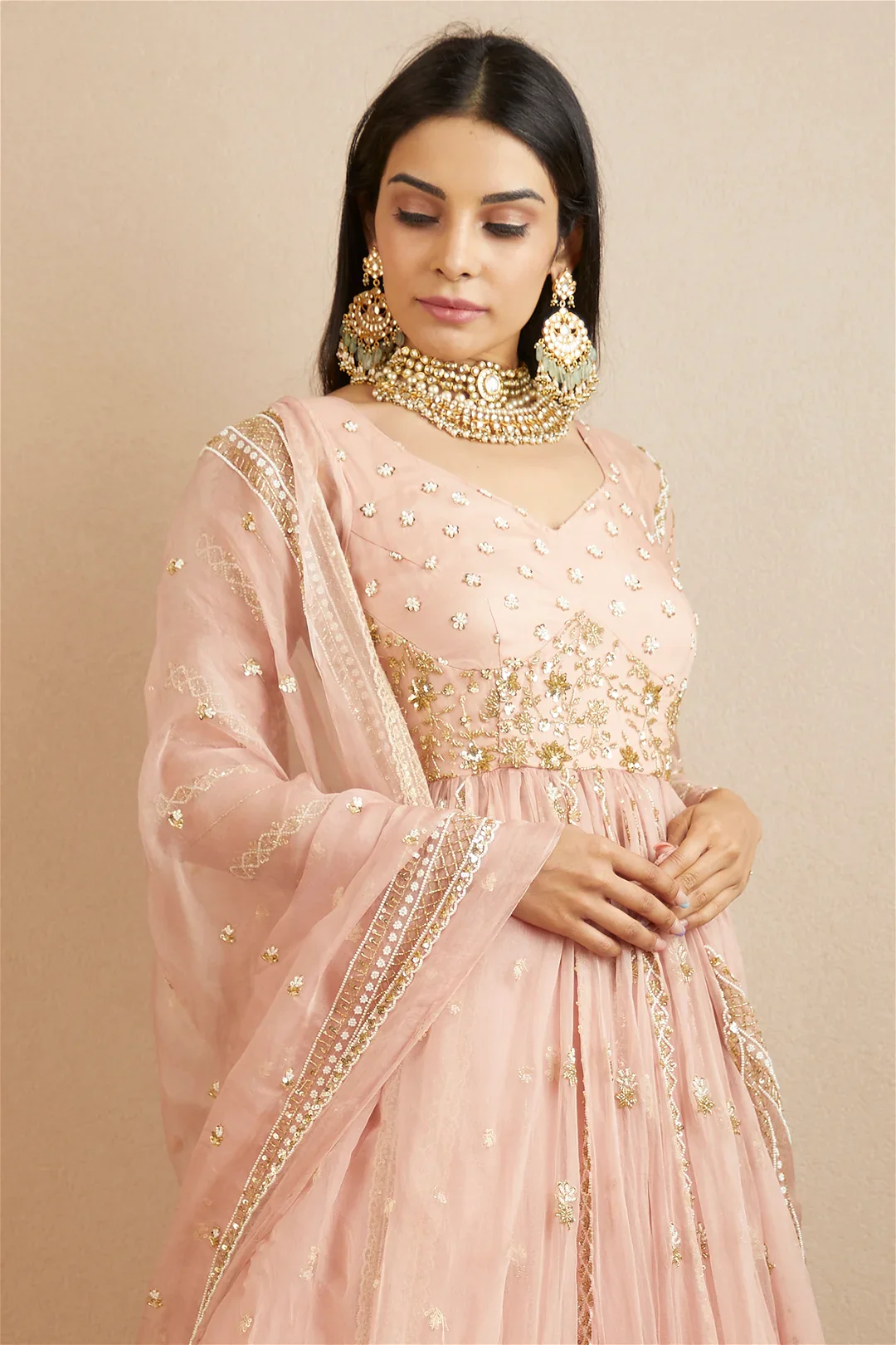 Blush Pink Organza Anarkali With Lehenga Set - Image 5