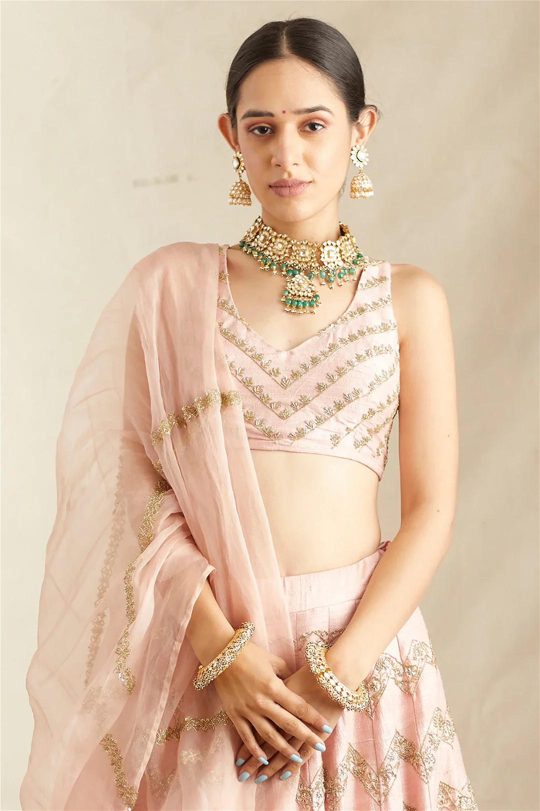 Blush Pink Raw Silk Lehenga Set - Image 4