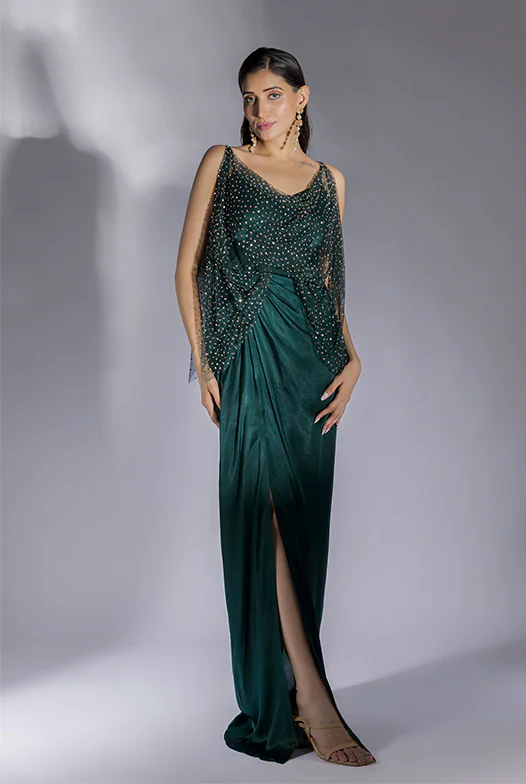 Bottle Green Embroidered Drape Dress