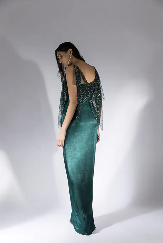 Bottle Green Embroidered Drape Dress - Image 3
