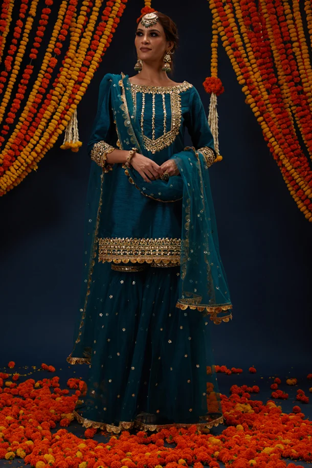 Bottle Green Gotawork Embroidered Kurta Gharara Set